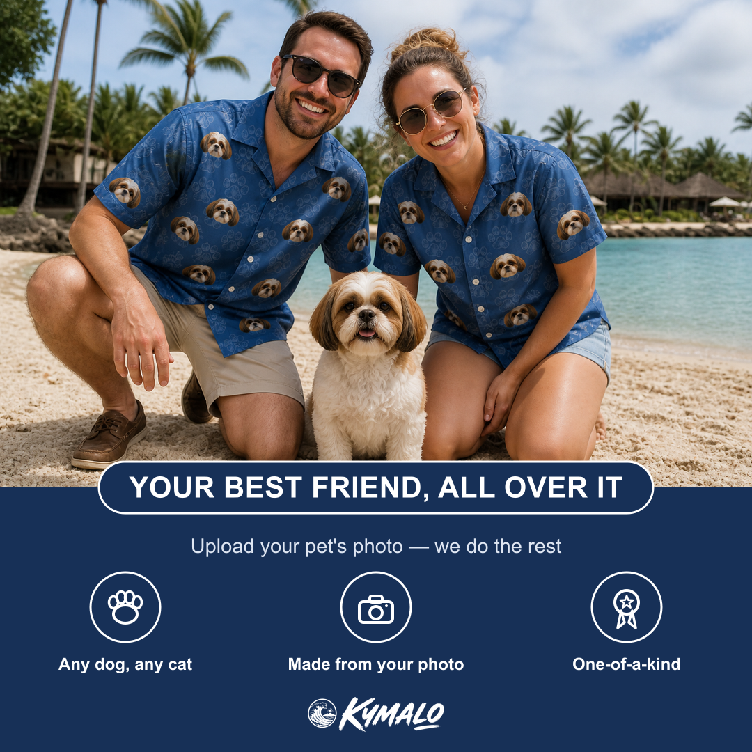 Friends in matching Men's Kibble Cartography Custom Dog Face Hawaiian Shirt — a group gift photo