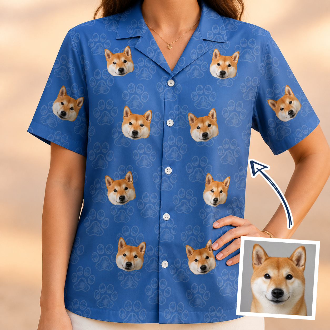 Woman wearing Women's Kibble Cartography Custom Dog Face Hawaiian Shirt — custom faces printed all-over