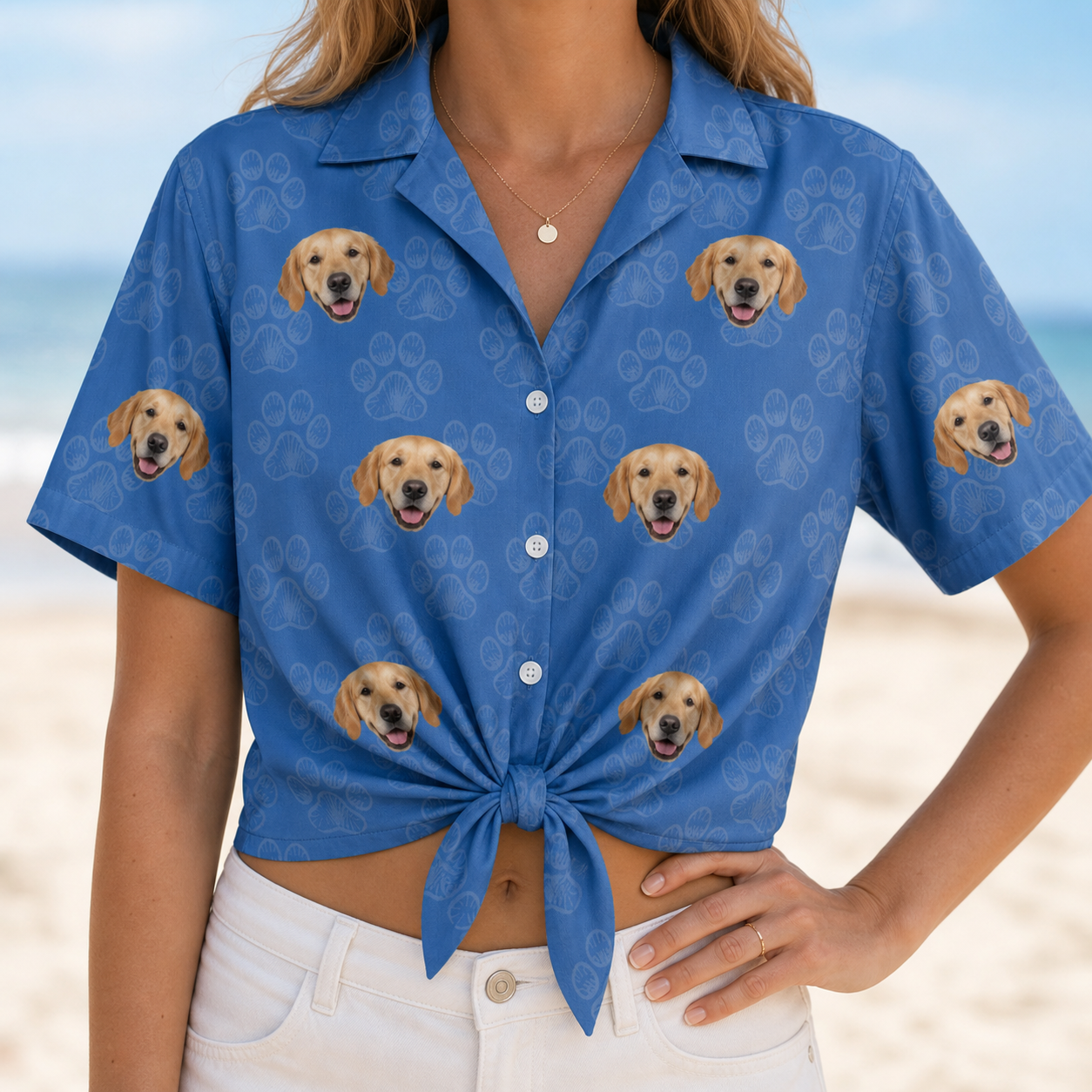 Woman wearing Women's Kibble Cartography Custom Dog Face Hawaiian Shirt tied at the waist