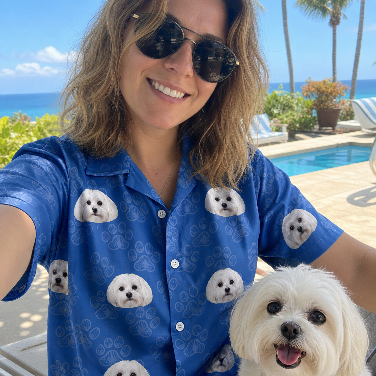 Selfie with the pet whose face is printed all over this Women's Kibble Cartography Custom Dog Face Hawaiian Shirt