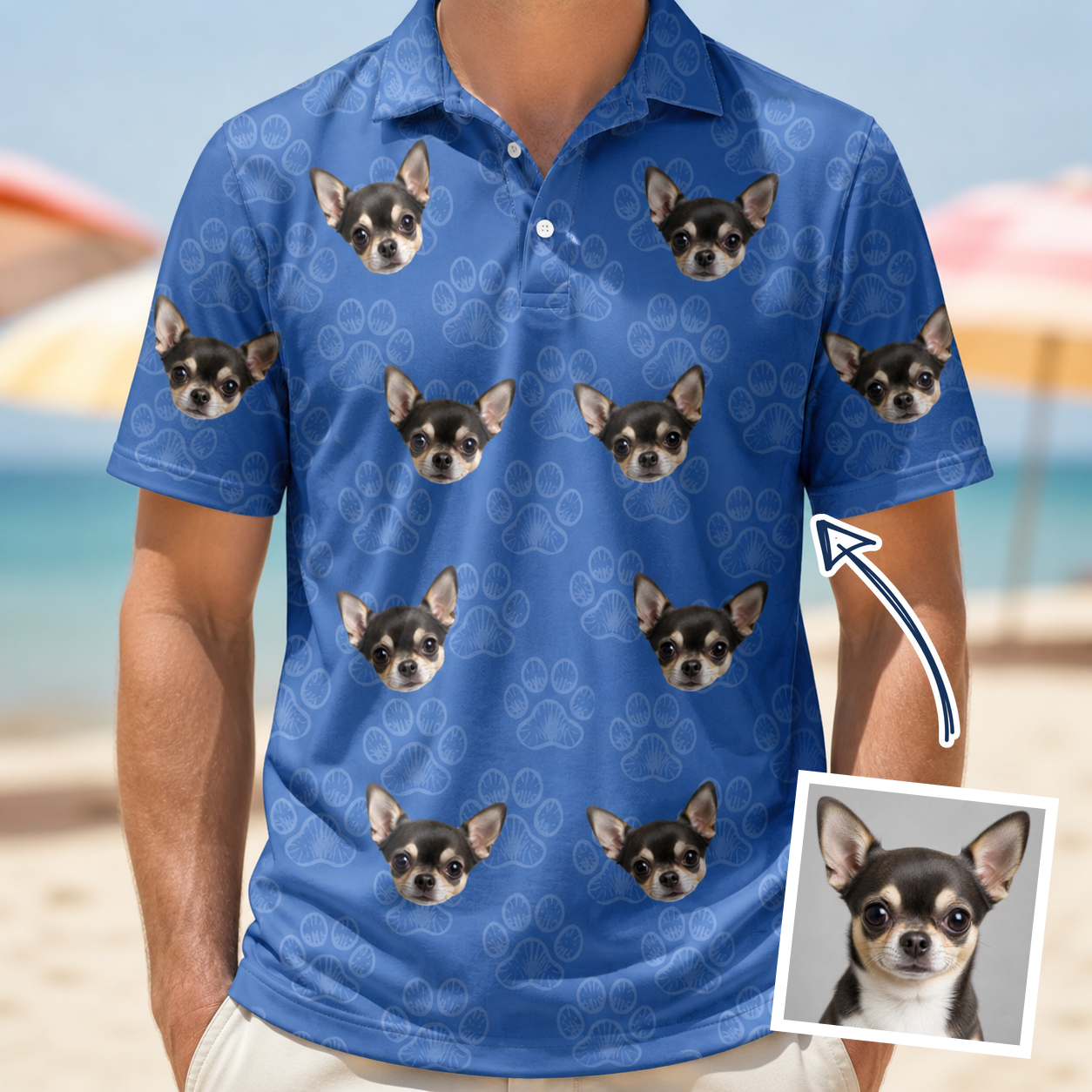Man wearing Men's Kibble Cartography Custom Dog Face Polo Shirt — custom faces printed all-over