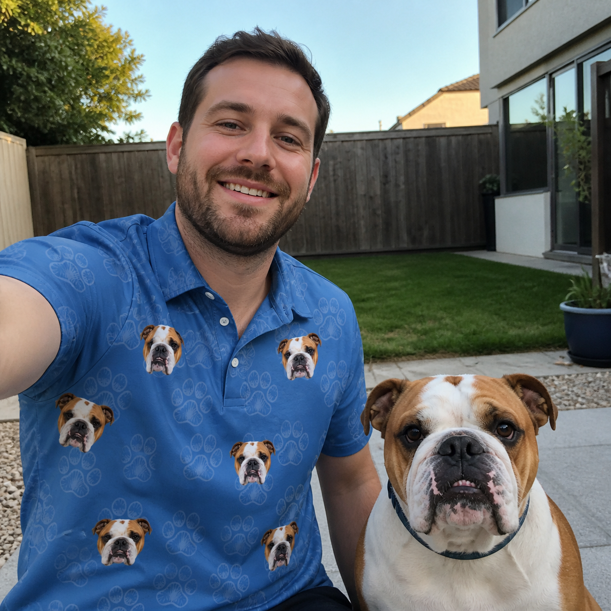 Selfie with the pet whose face is printed all over this Men's Kibble Cartography Custom Dog Face Polo Shirt