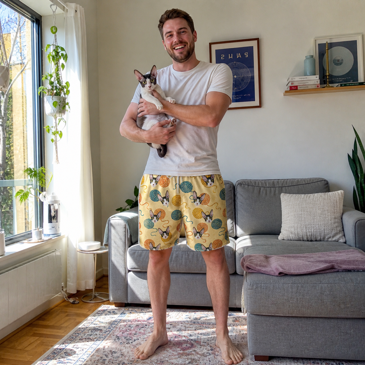 Full-length photo with the pet printed all over this Men's Mewton Balls Custom Cat Face Beach Shorts