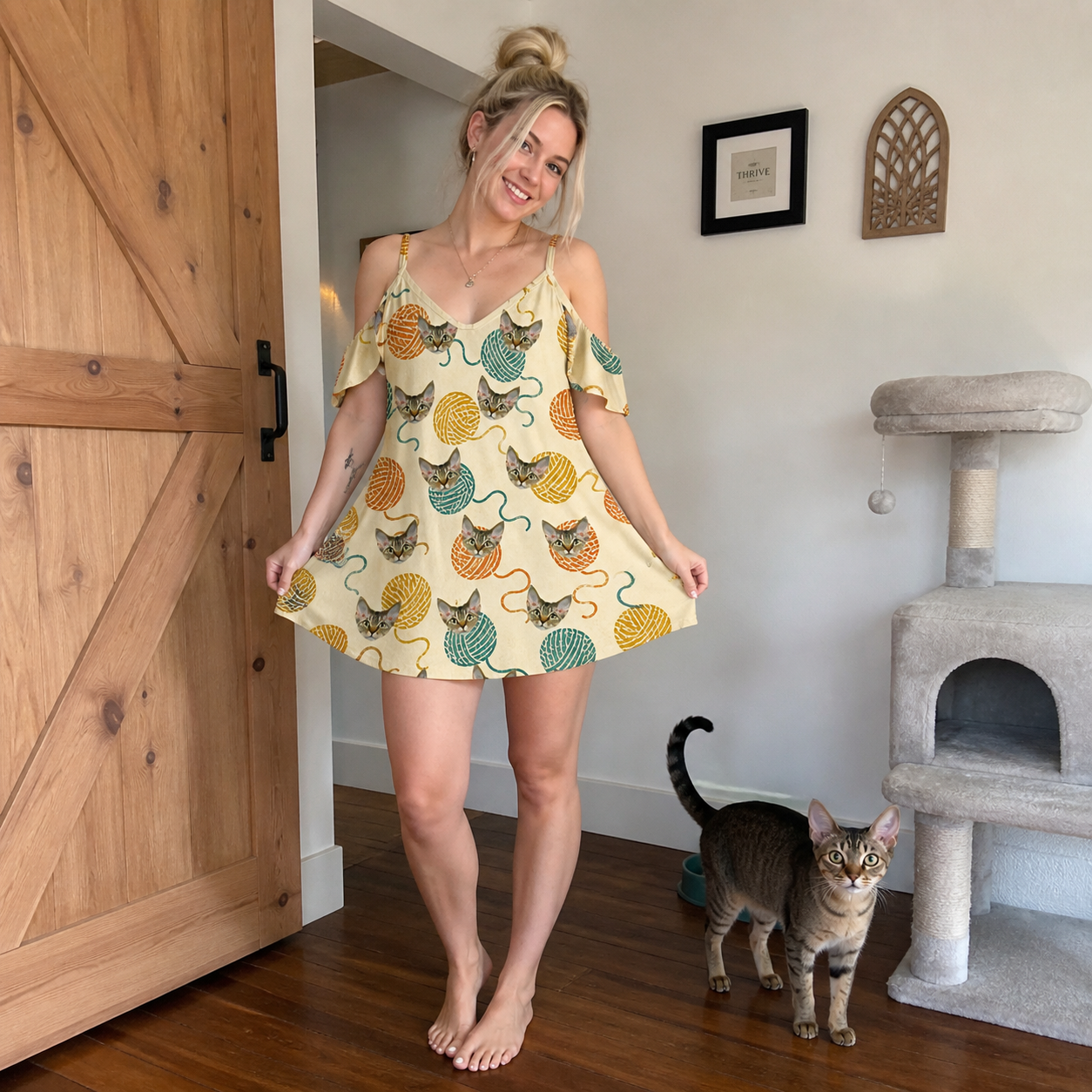 Full-length photo with the pet printed all over this Women's Mewton Balls Custom Cat Face Off-Shoulder Dress