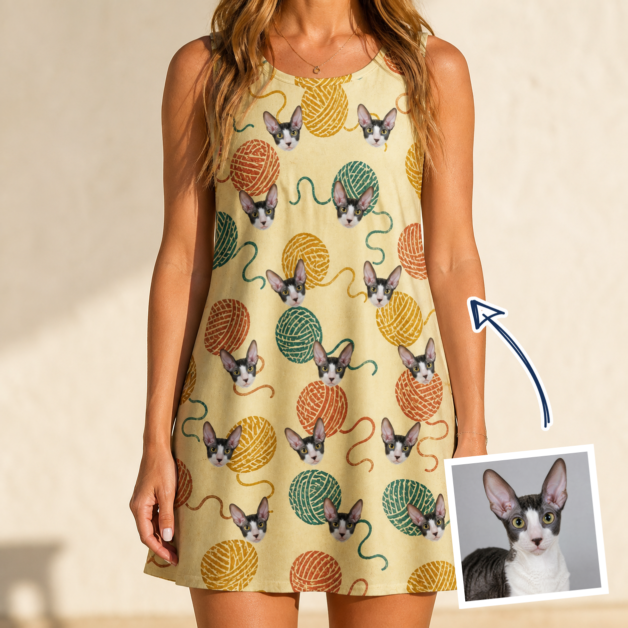 Woman wearing Women's Mewton Balls Custom Cat Face Tank Dress — custom faces printed all-over