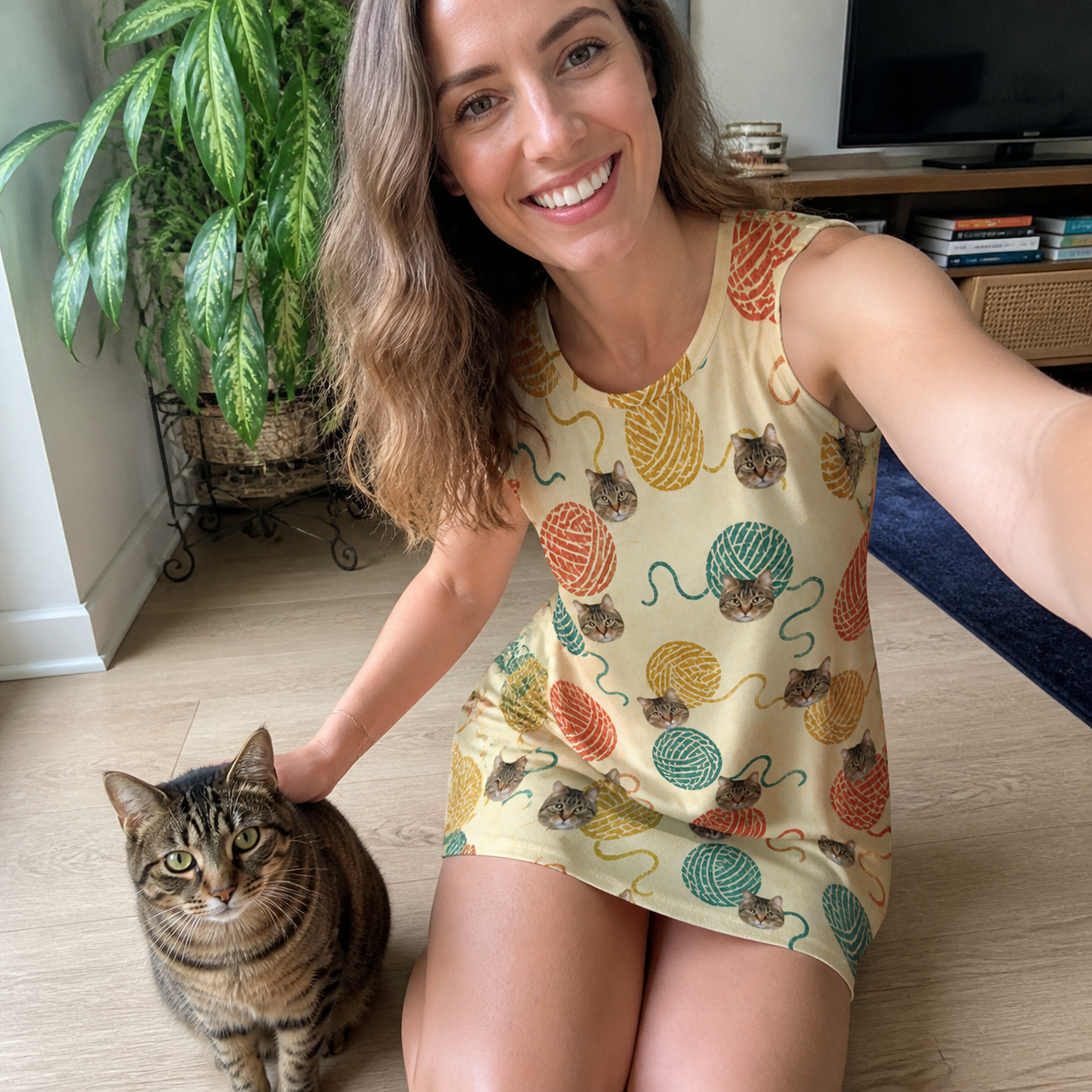 Selfie with the pet whose face is printed all over this Women's Mewton Balls Custom Cat Face Tank Dress