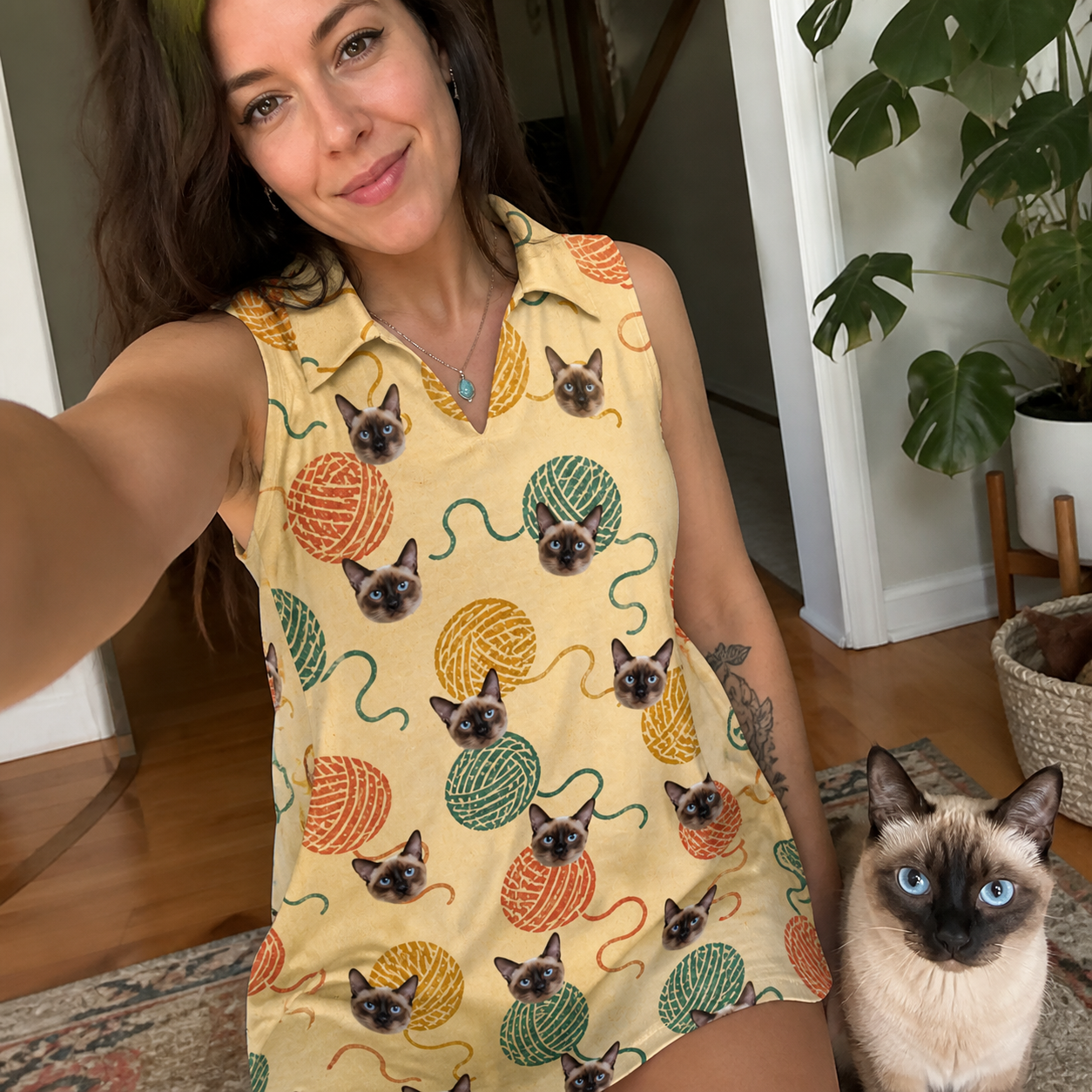 Selfie with the pet whose face is printed all over this Women's Mewton Balls Custom Cat Face V-Neck Dress