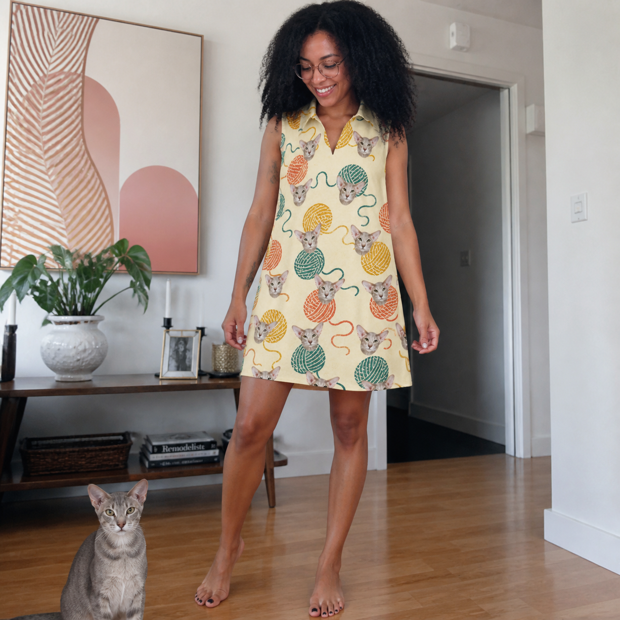 Full-length photo with the pet printed all over this Women's Mewton Balls Custom Cat Face V-Neck Dress