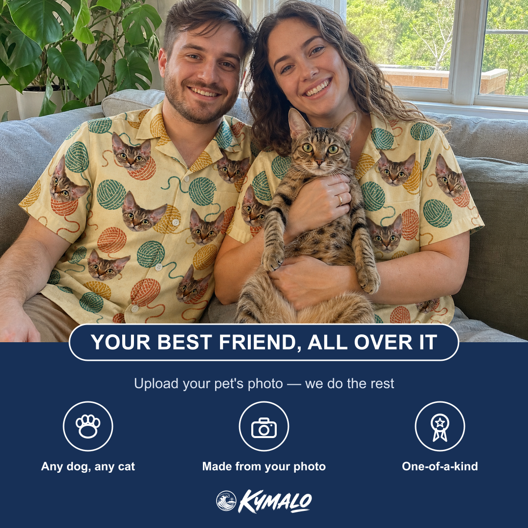 Friends in matching Men's Mewton Balls Custom Cat Face Hawaiian Shirt — a group gift photo