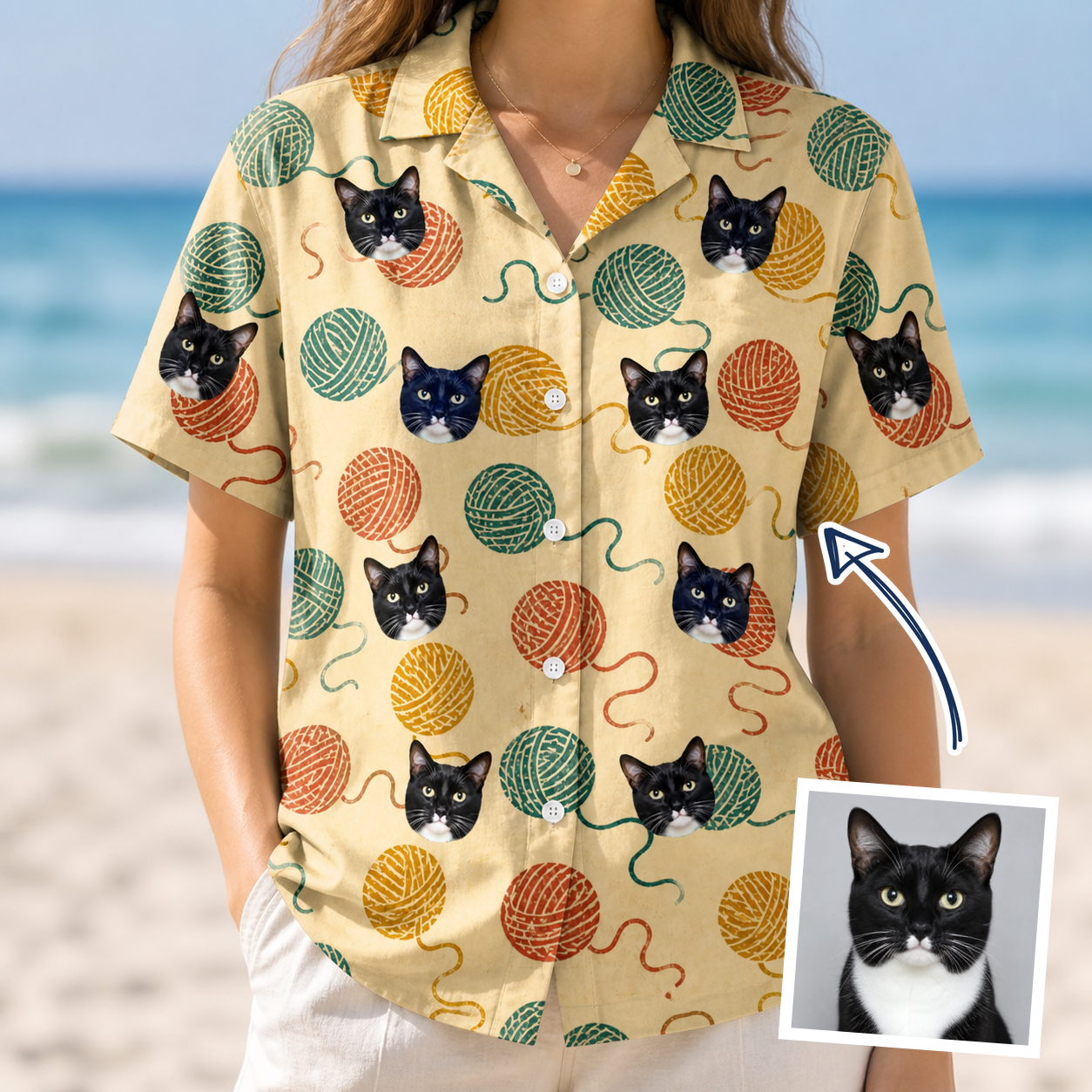Woman wearing Women's Mewton Balls Custom Cat Face Hawaiian Shirt — custom faces printed all-over