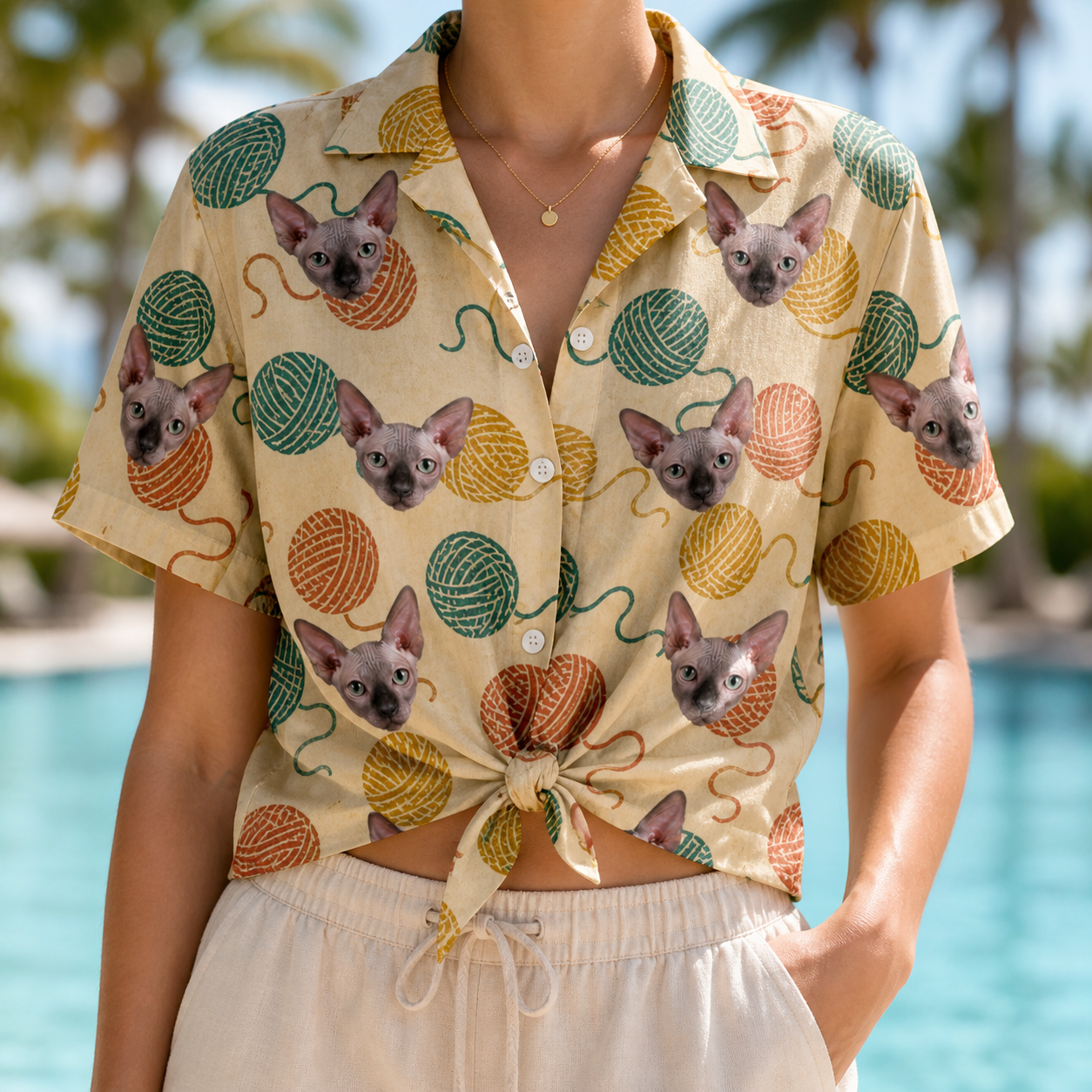 Woman wearing Women's Mewton Balls Custom Cat Face Hawaiian Shirt tied at the waist