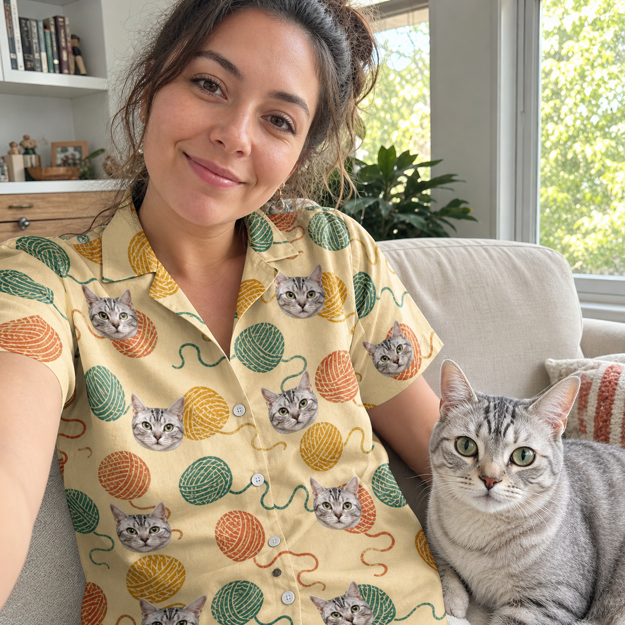 Selfie with the pet whose face is printed all over this Women's Mewton Balls Custom Cat Face Hawaiian Shirt
