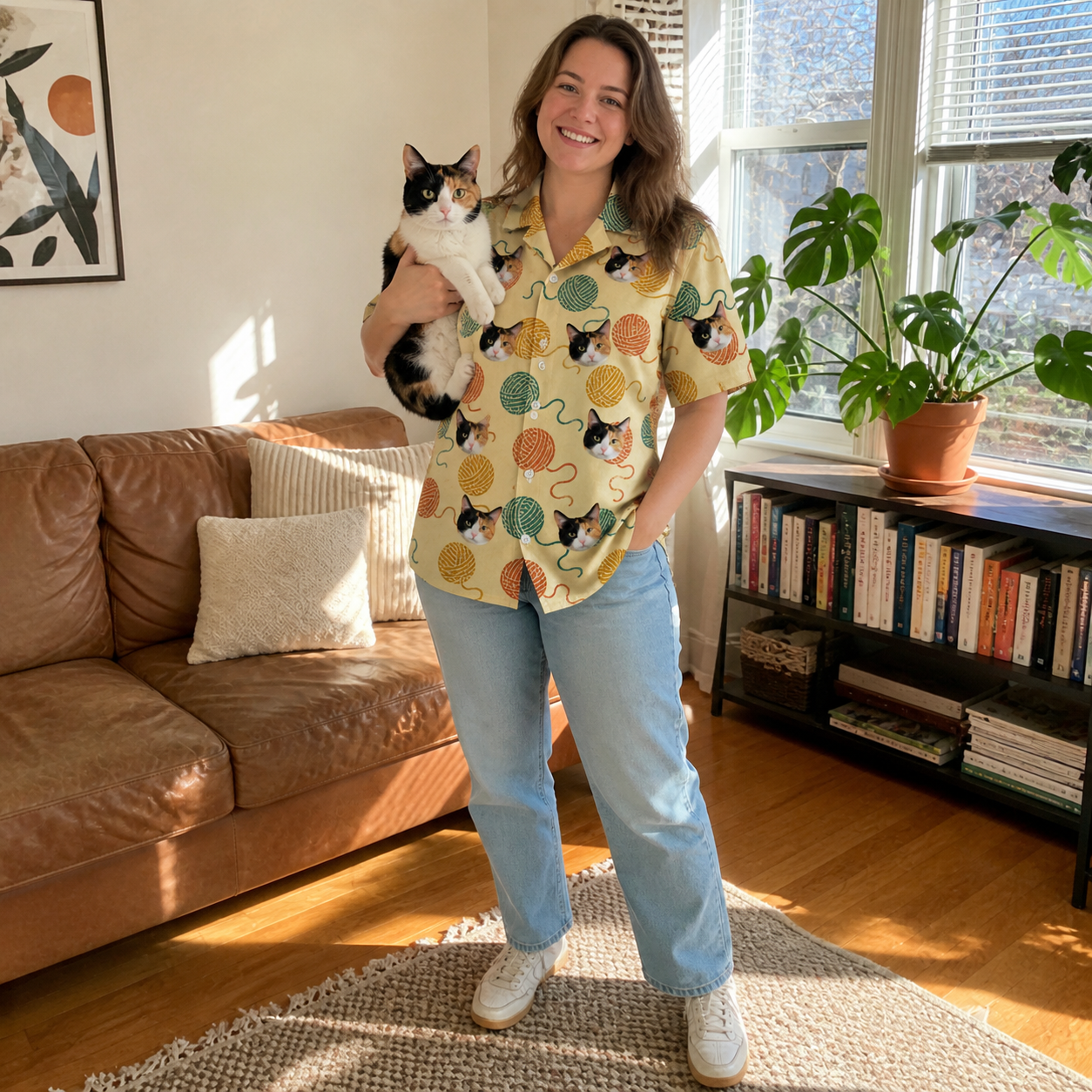 Full-length photo with the pet printed all over this Women's Mewton Balls Custom Cat Face Hawaiian Shirt