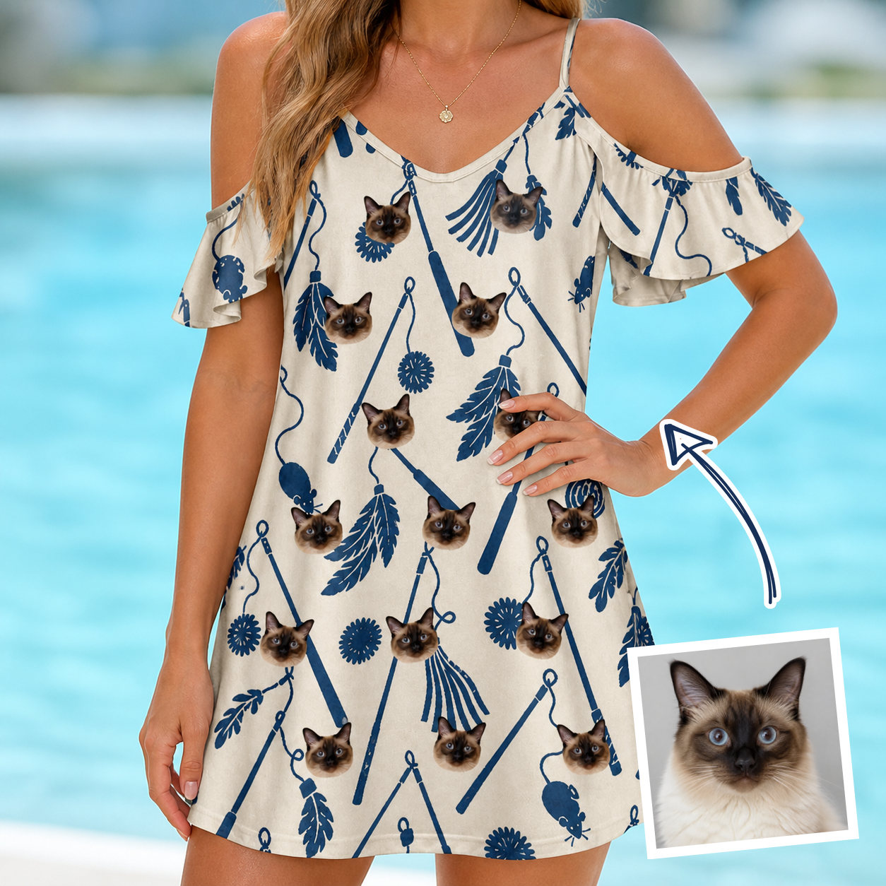 Woman wearing Women's Catnip Kinetics Custom Cat Face Off-Shoulder Dress — custom faces printed all-over