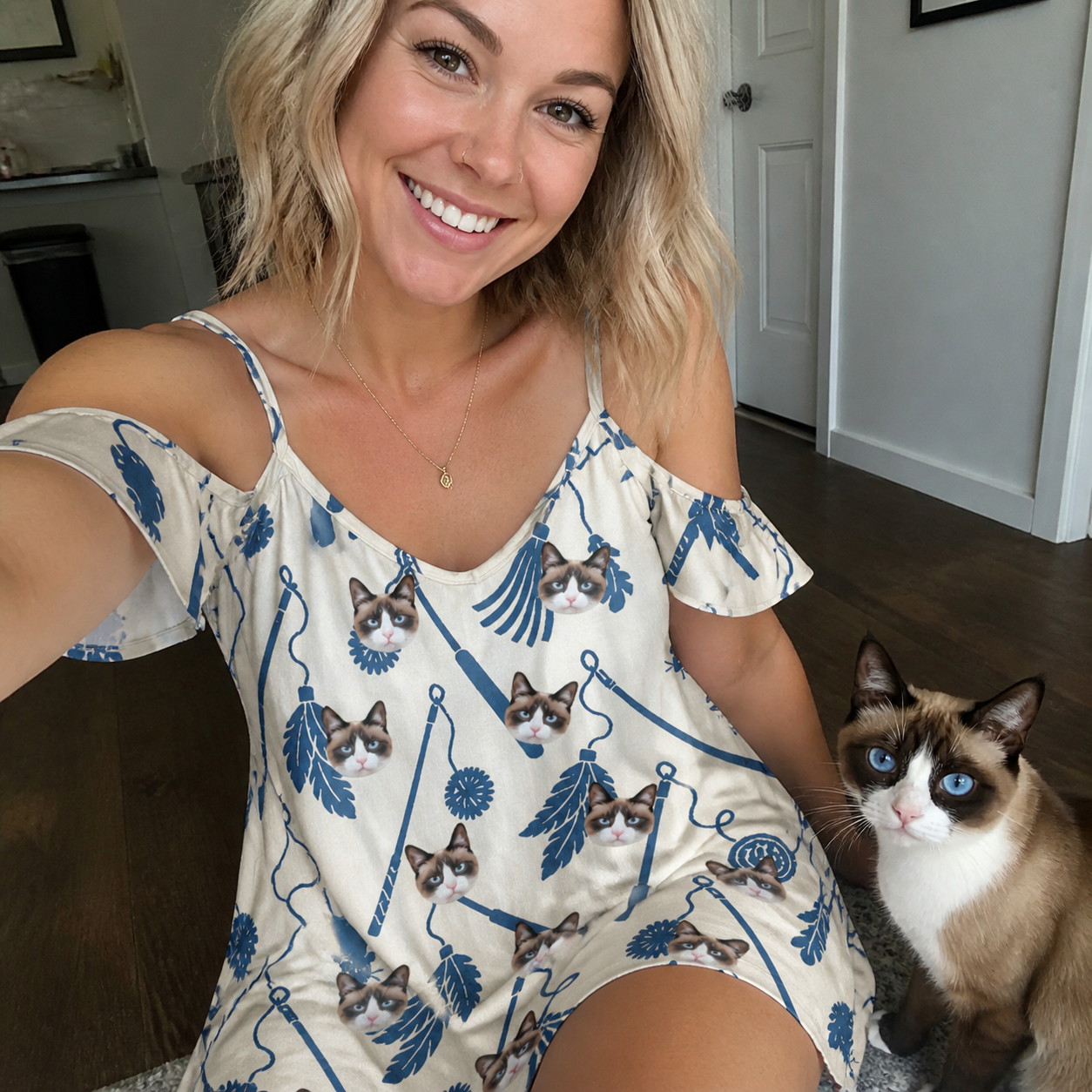 Selfie with the pet whose face is printed all over this Women's Catnip Kinetics Custom Cat Face Off-Shoulder Dress