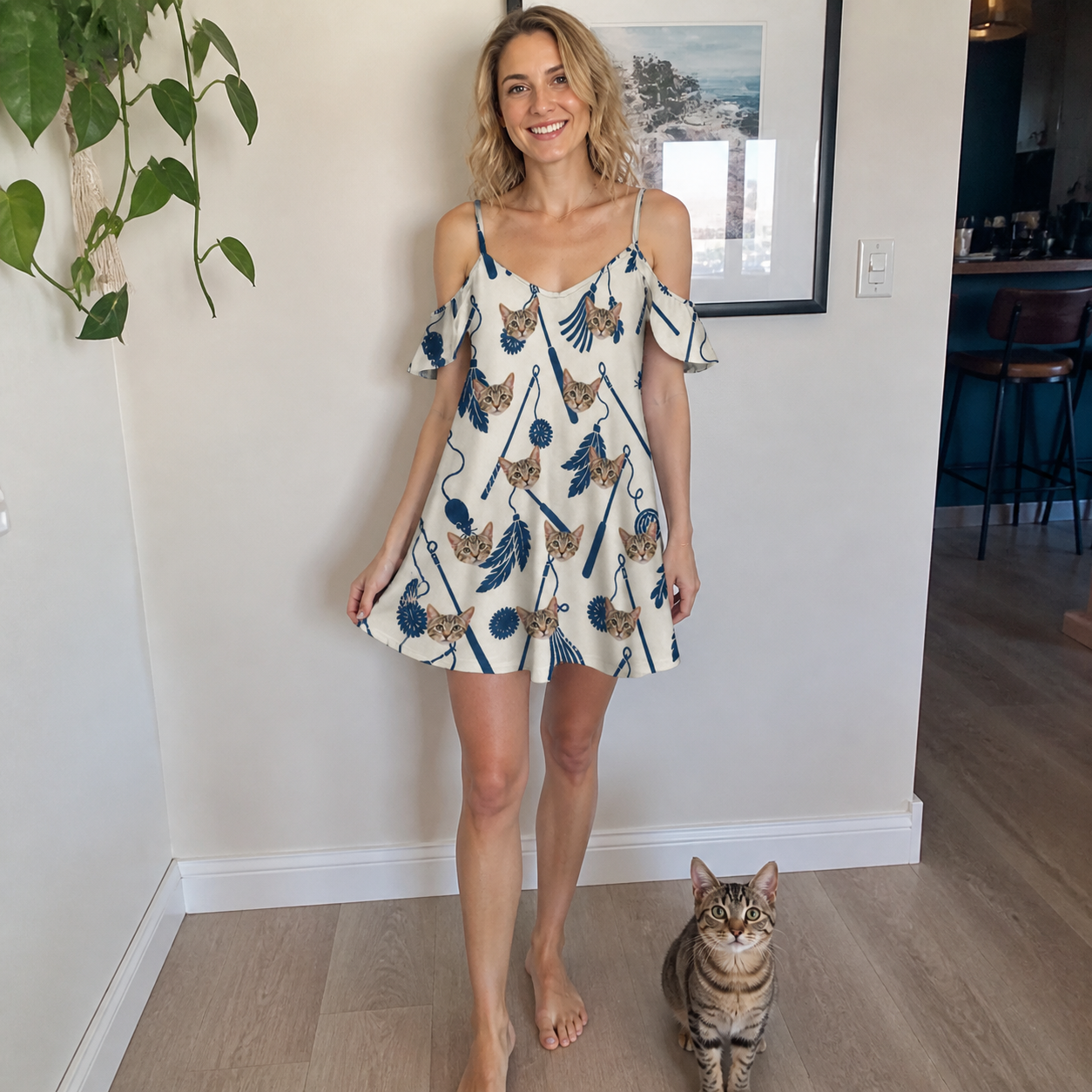 Full-length photo with the pet printed all over this Women's Catnip Kinetics Custom Cat Face Off-Shoulder Dress