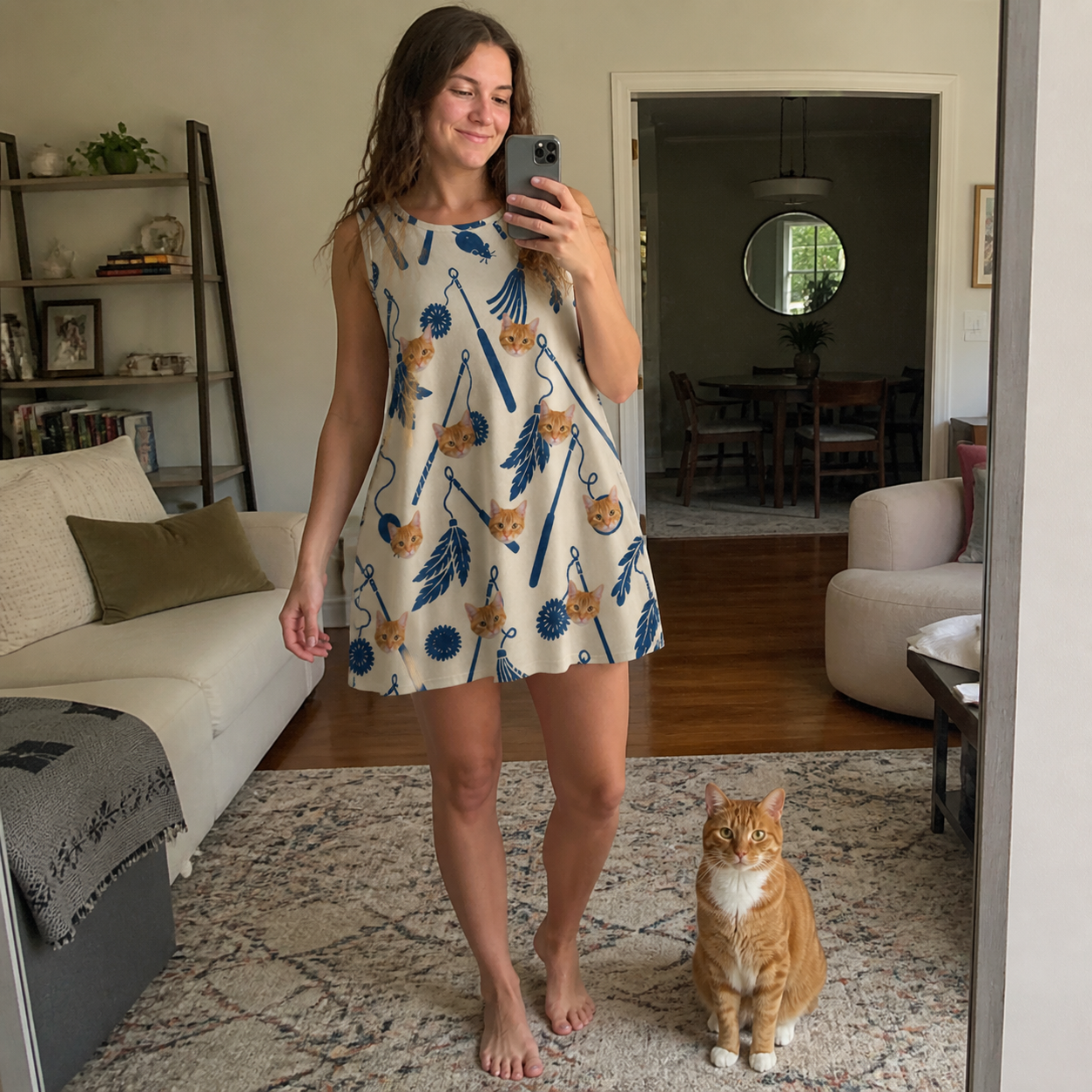 Full-length photo with the pet printed all over this Women's Catnip Kinetics Custom Cat Face Tank Dress