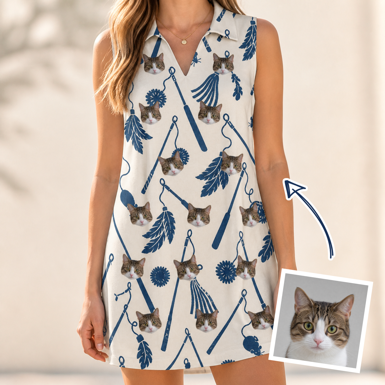 Woman wearing Women's Catnip Kinetics Custom Cat Face V-Neck Dress — custom faces printed all-over