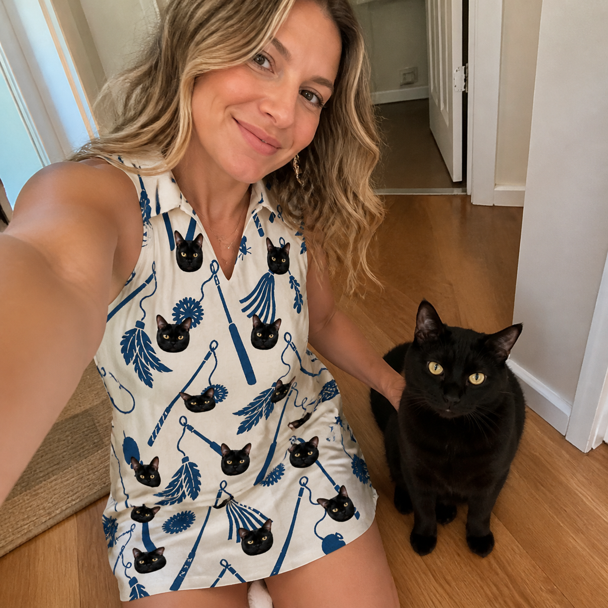Selfie with the pet whose face is printed all over this Women's Catnip Kinetics Custom Cat Face V-Neck Dress
