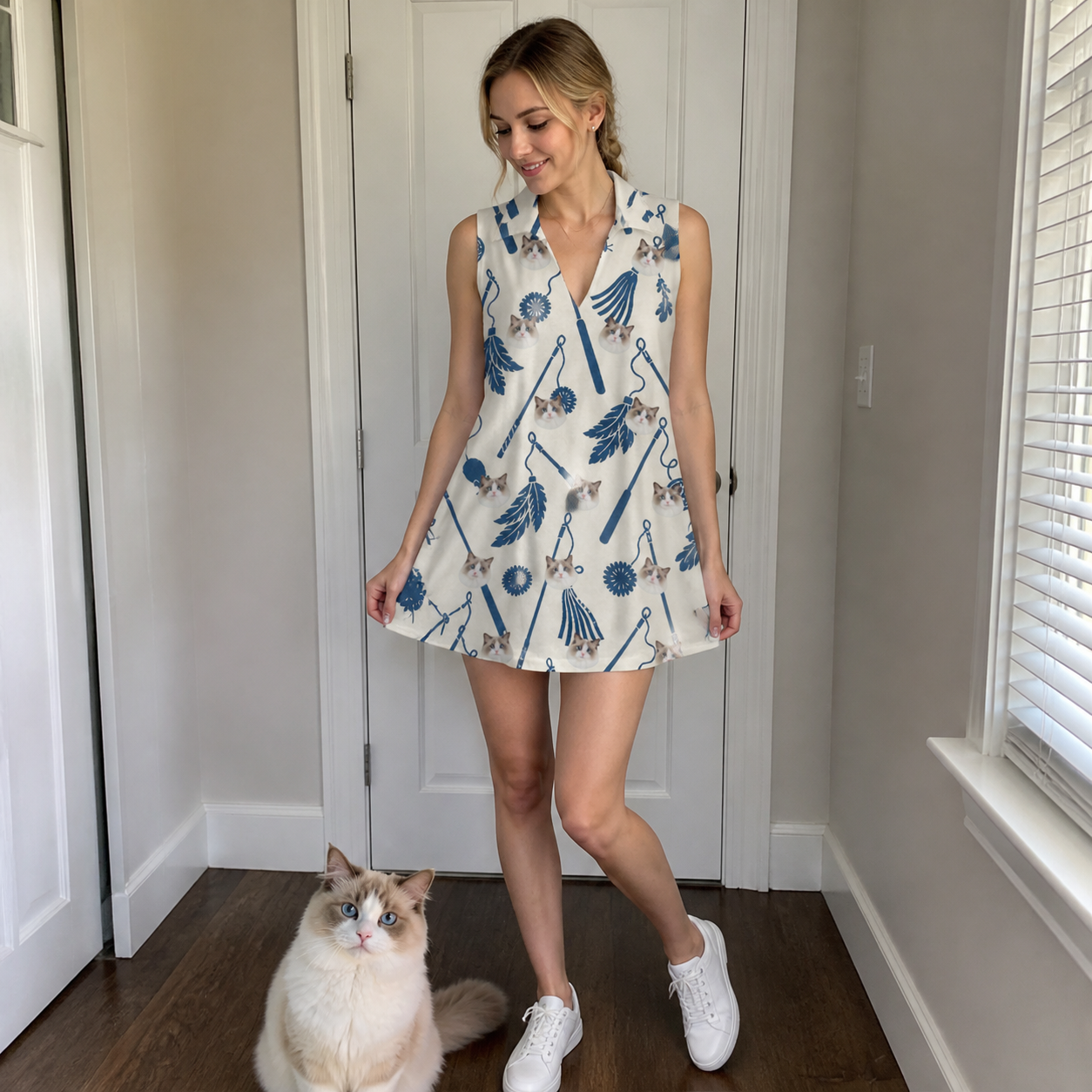Full-length photo with the pet printed all over this Women's Catnip Kinetics Custom Cat Face V-Neck Dress