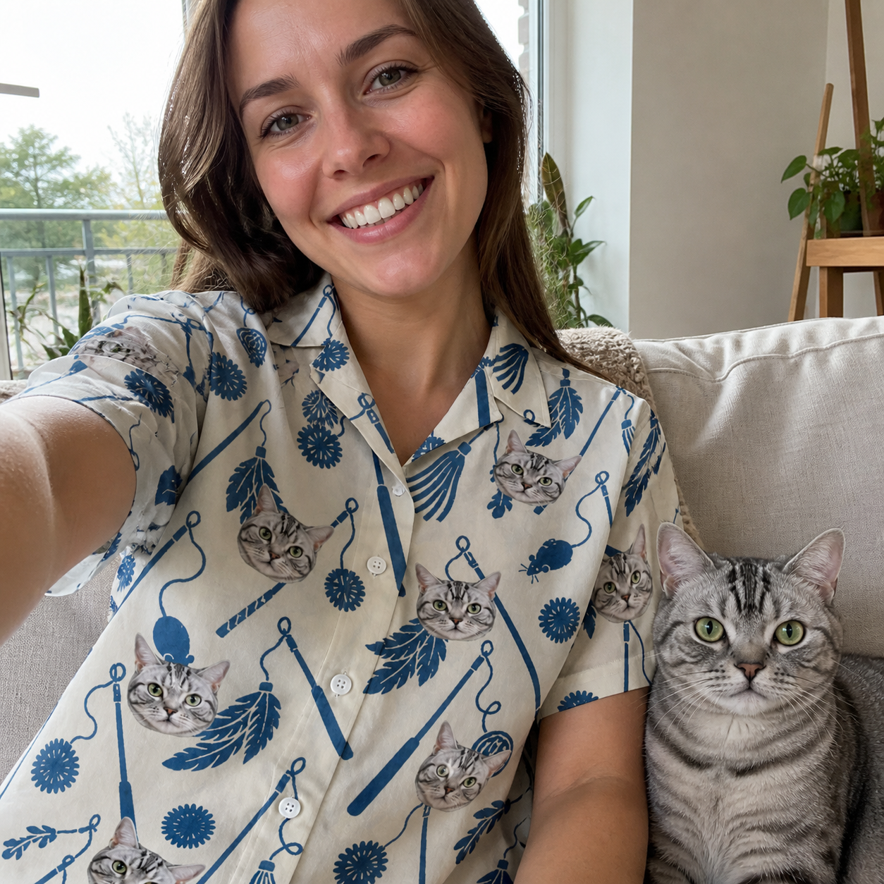 Selfie with the pet whose face is printed all over this Women's Catnip Kinetics Custom Cat Face Hawaiian Shirt