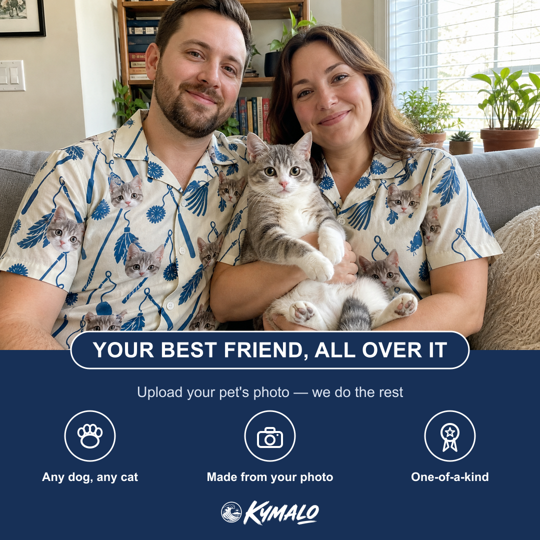 Friends in matching Women's Catnip Kinetics Custom Cat Face Hawaiian Shirt — a group gift photo