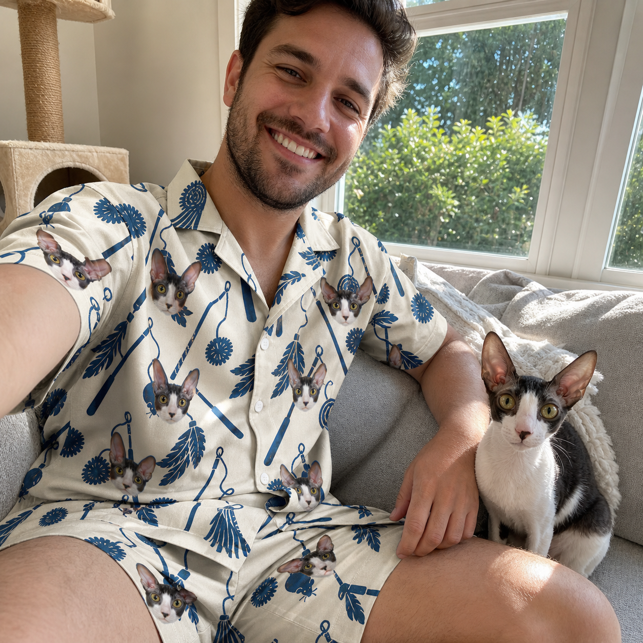 Selfie with the pet whose face is printed all over this Men's Catnip Kinetics Custom Cat Face Shirt & Shorts Set