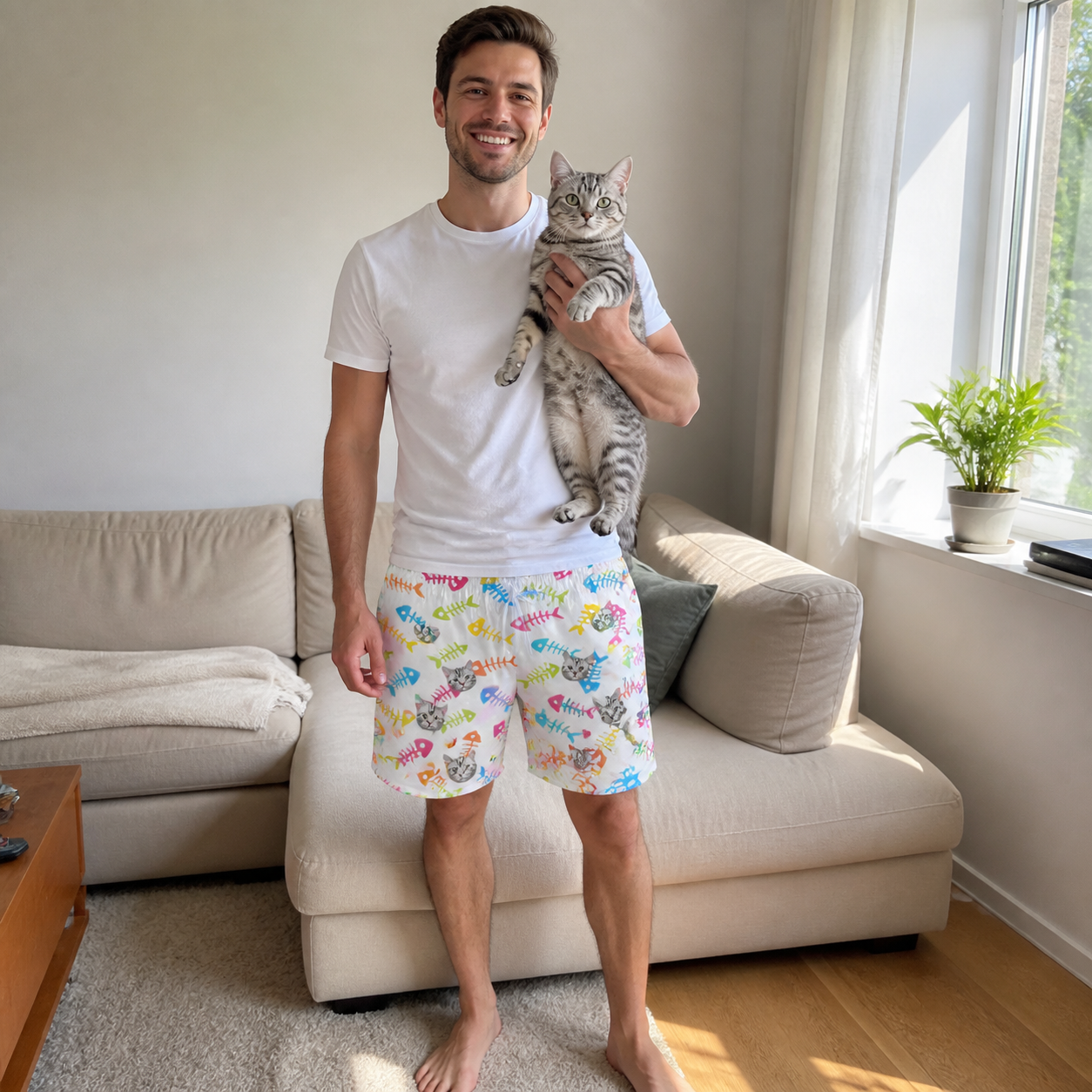 Full-length photo with the pet printed all over this Men's Meow Marrow Custom Cat Face Beach Shorts