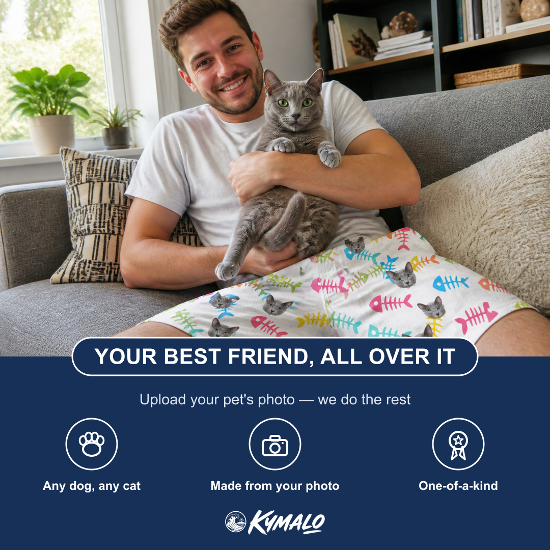 Friends in matching Men's Meow Marrow Custom Cat Face Beach Shorts — a group gift photo