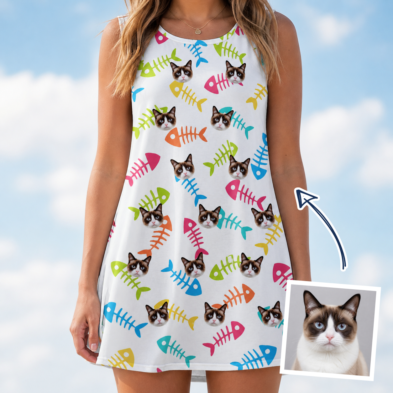 Woman wearing Women's Meow Marrow Custom Cat Face Tank Dress — custom faces printed all-over