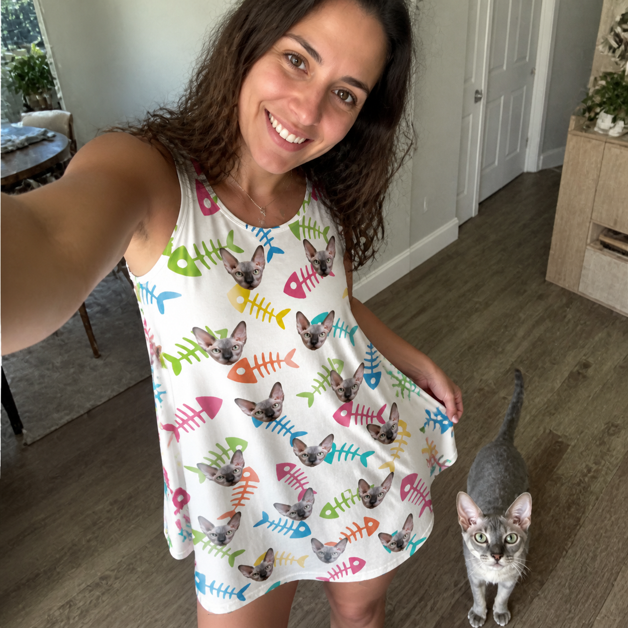 Selfie with the pet whose face is printed all over this Women's Meow Marrow Custom Cat Face Tank Dress
