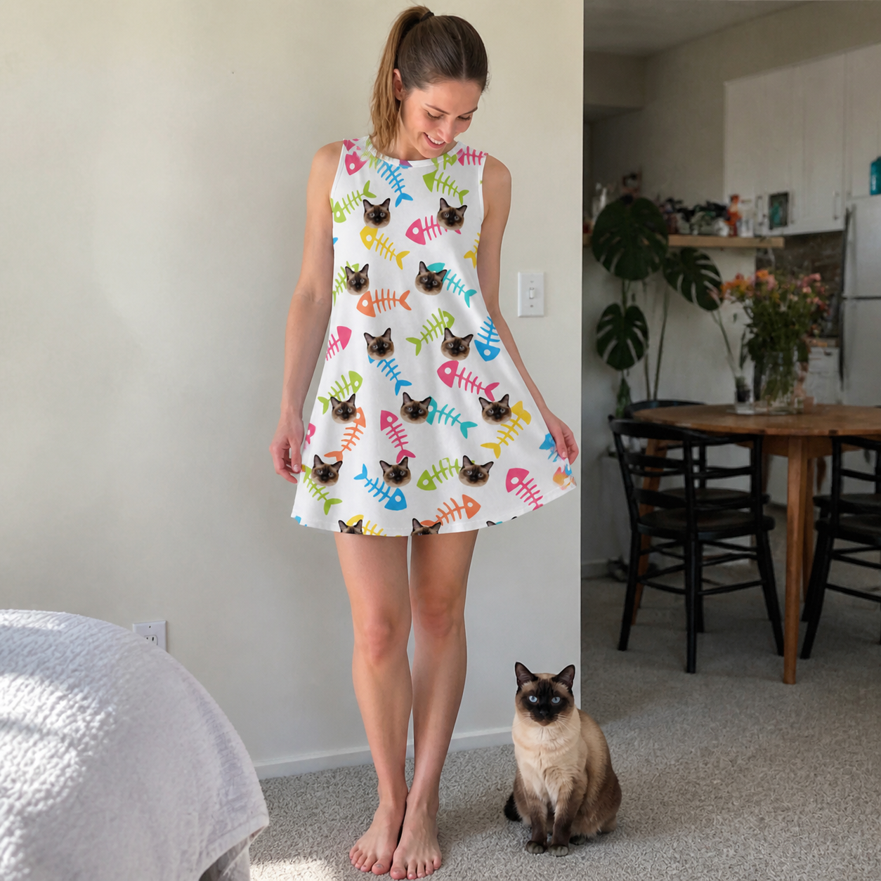 Full-length photo with the pet printed all over this Women's Meow Marrow Custom Cat Face Tank Dress