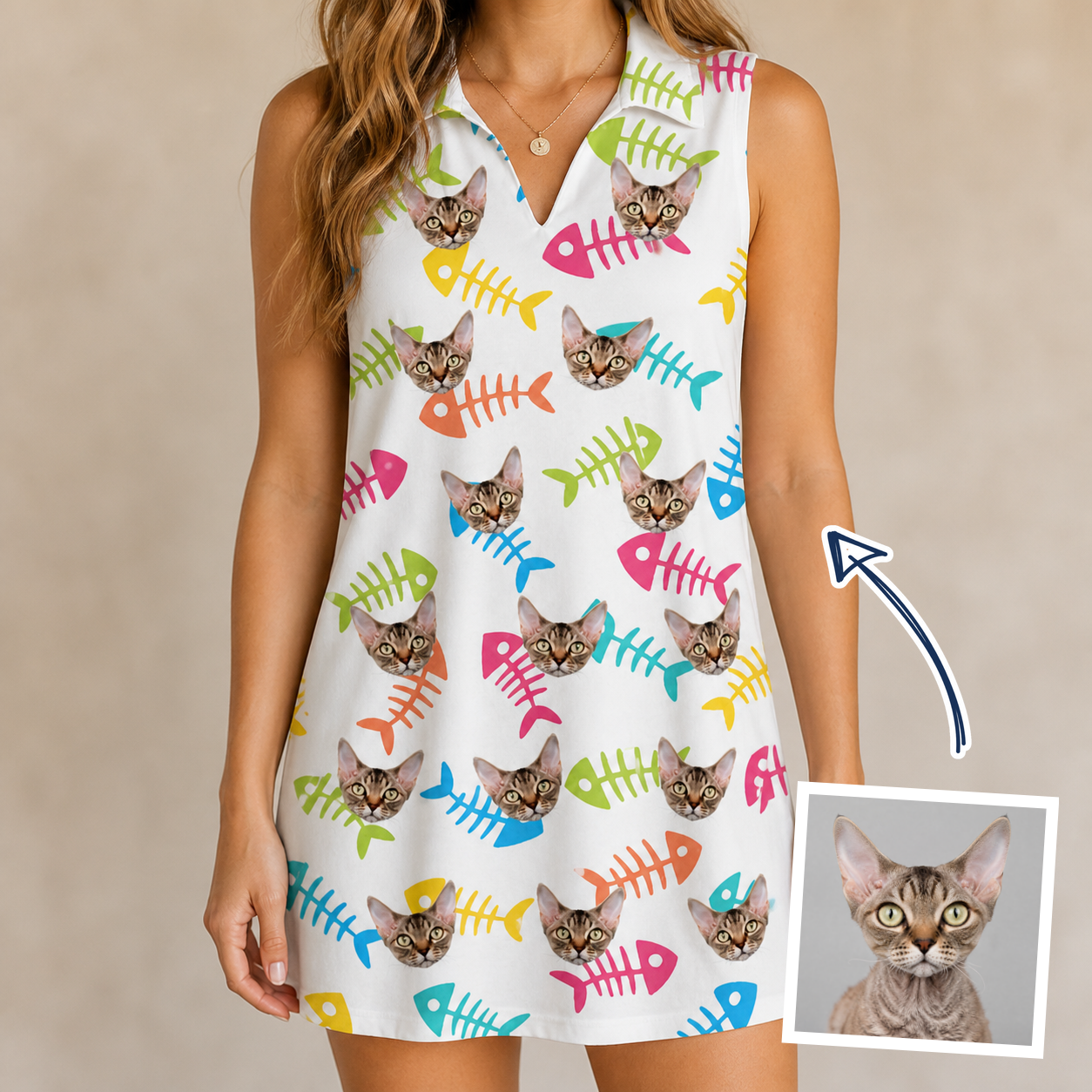 Woman wearing Women's Meow Marrow Custom Cat Face V-Neck Dress — custom faces printed all-over