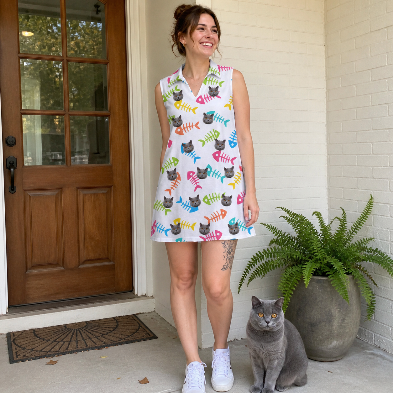 Full-length photo with the pet printed all over this Women's Meow Marrow Custom Cat Face V-Neck Dress