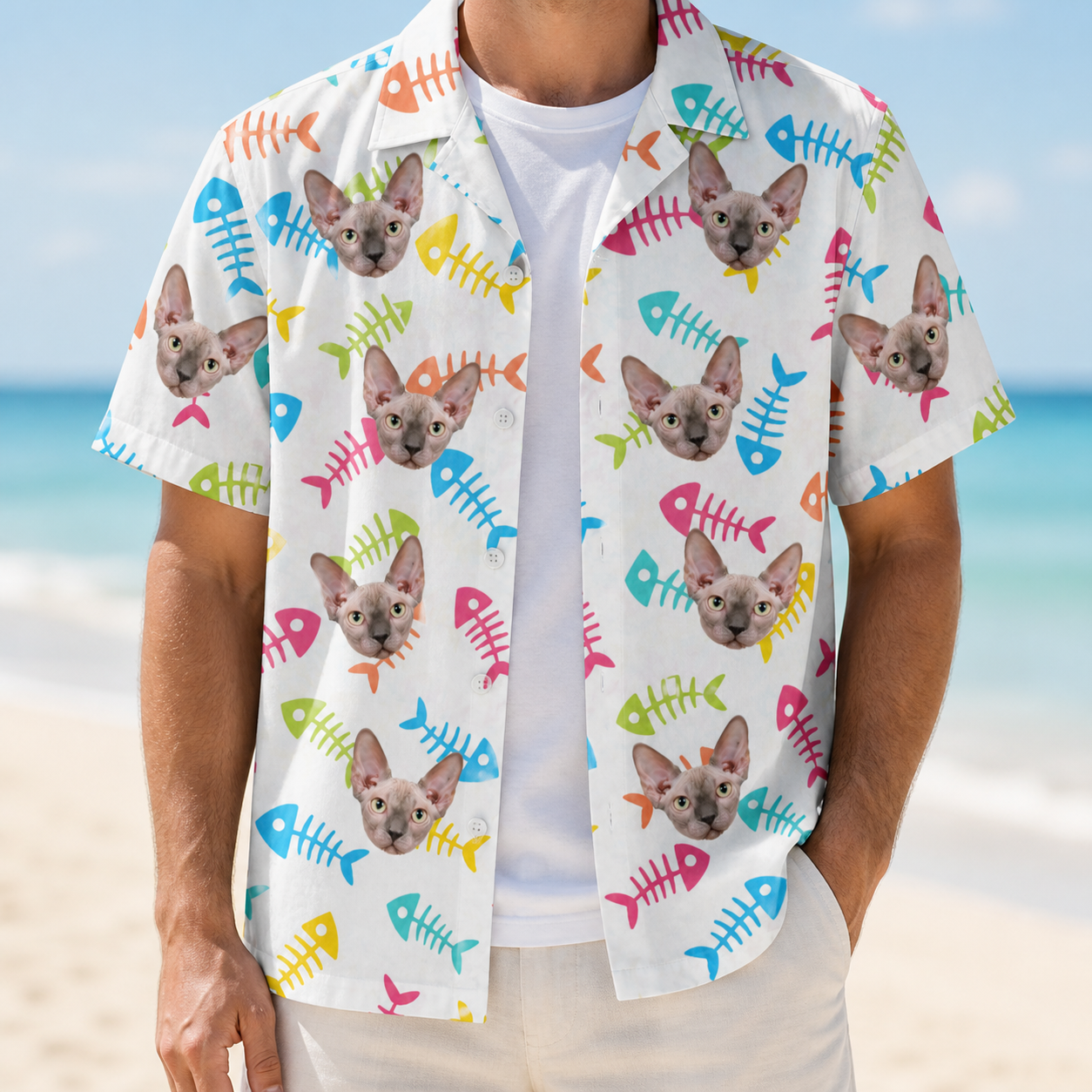 Man wearing Men's Meow Marrow Custom Cat Face Hawaiian Shirt open over a white tee