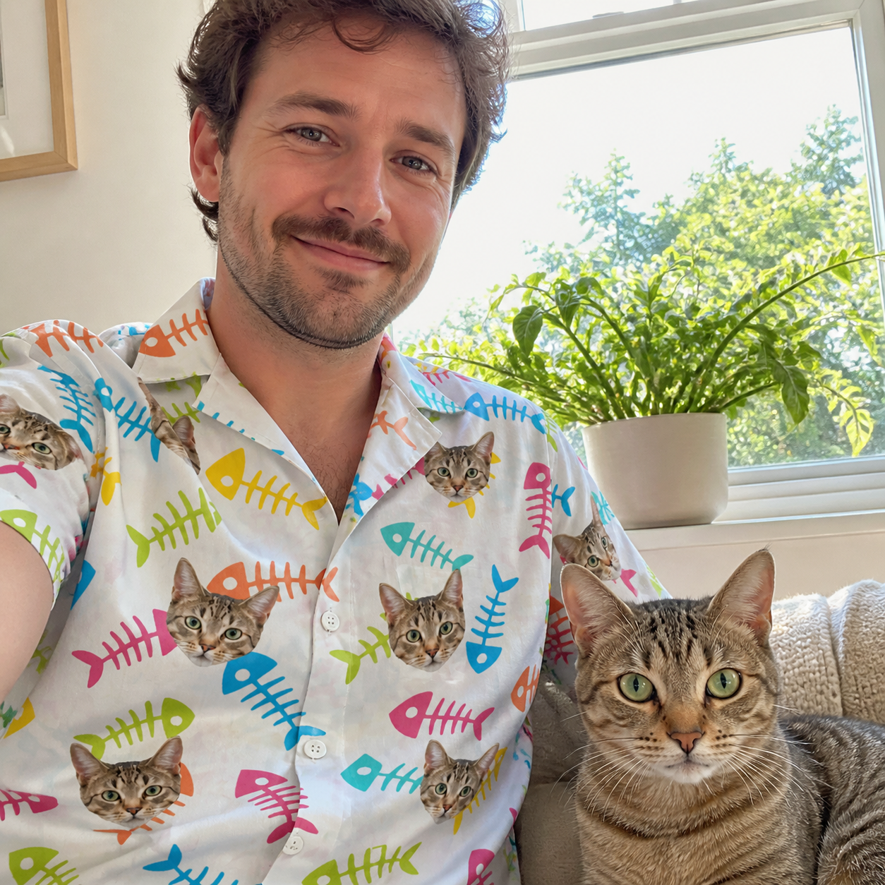 Selfie with the pet whose face is printed all over this Men's Meow Marrow Custom Cat Face Hawaiian Shirt