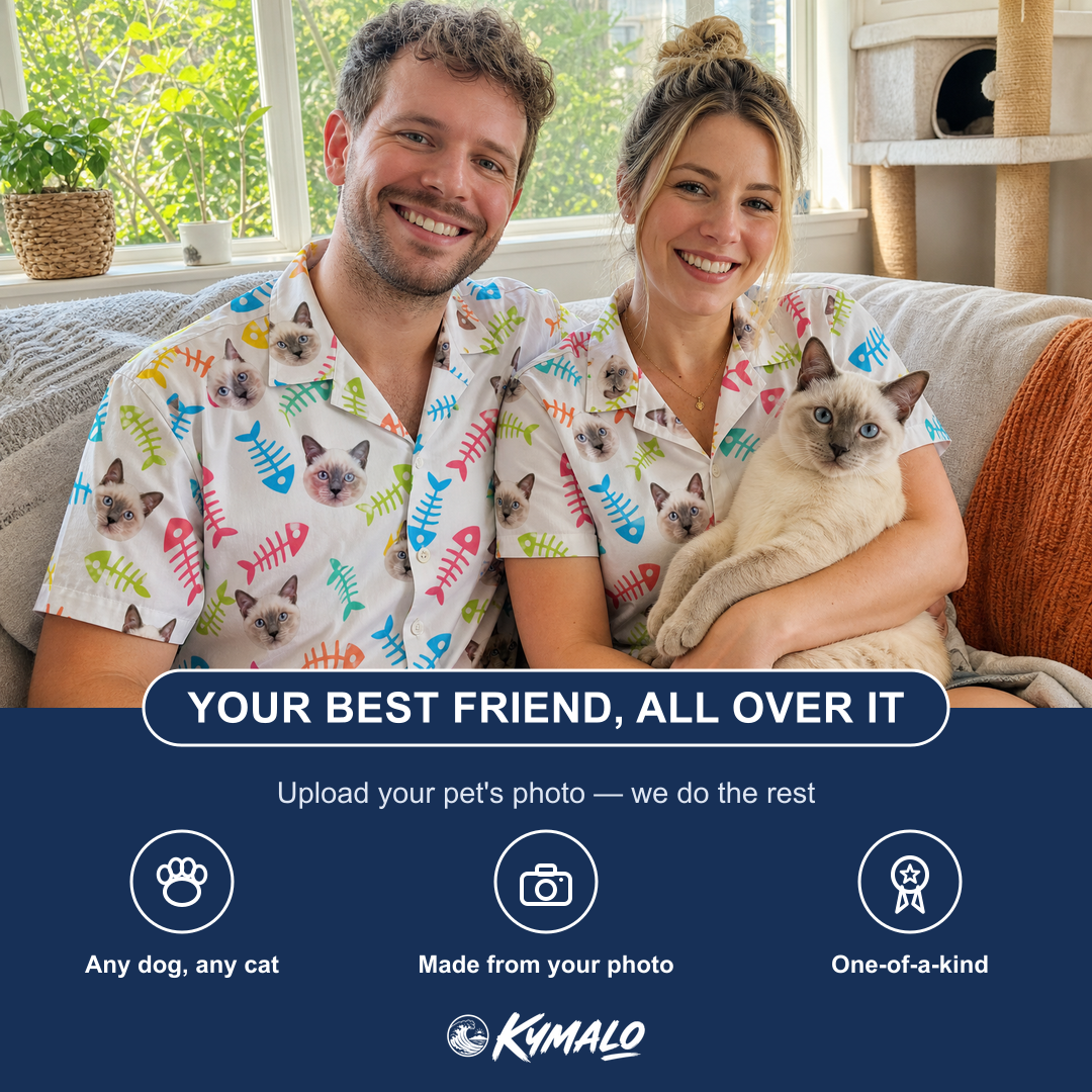 Friends in matching Men's Meow Marrow Custom Cat Face Hawaiian Shirt — a group gift photo
