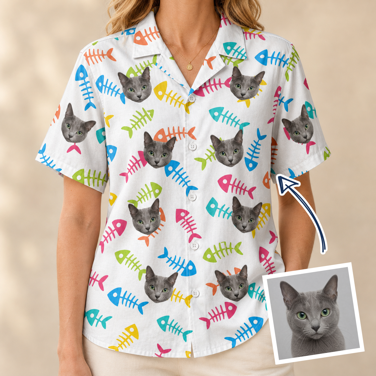 Woman wearing Women's Meow Marrow Custom Cat Face Hawaiian Shirt — custom faces printed all-over