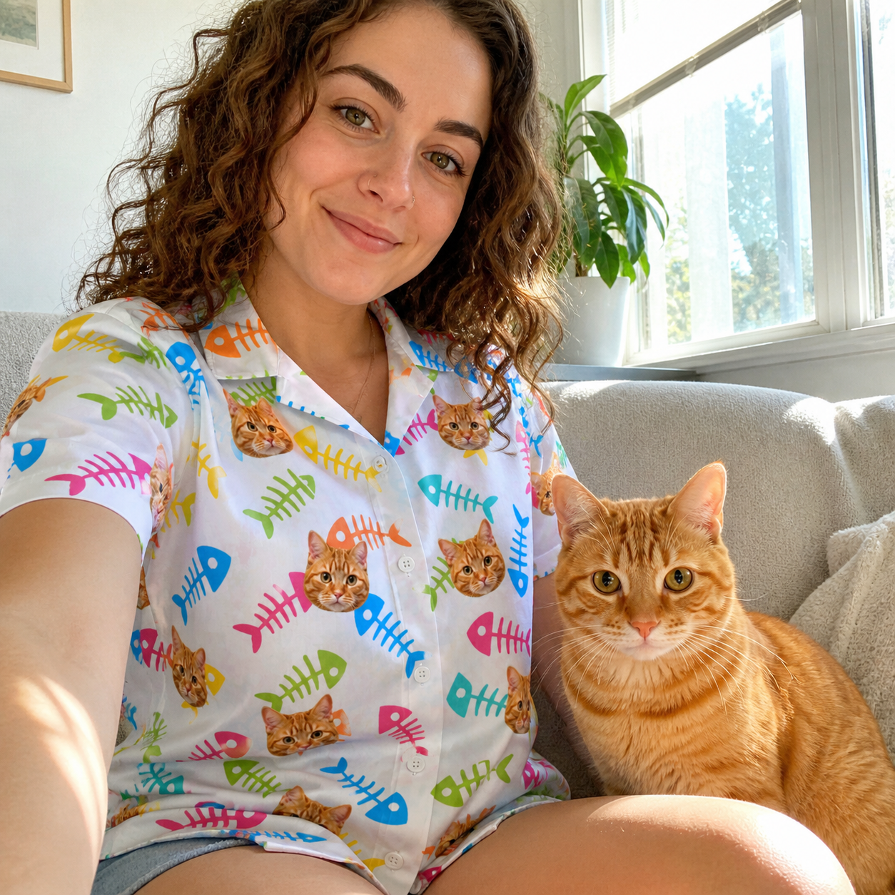 Selfie with the pet whose face is printed all over this Women's Meow Marrow Custom Cat Face Hawaiian Shirt