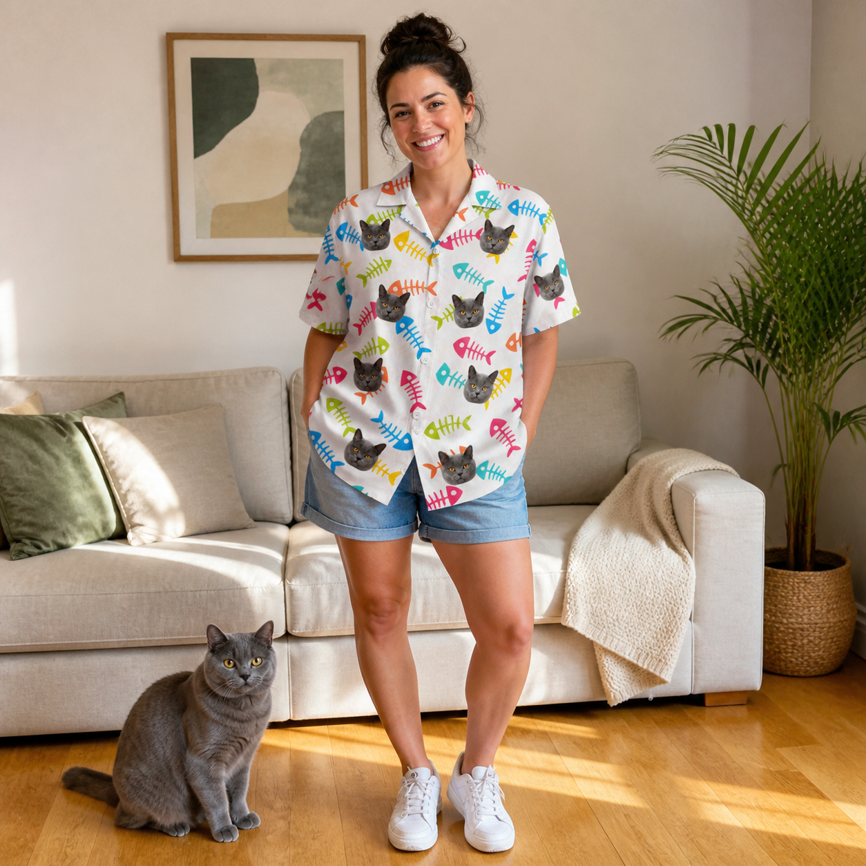 Full-length photo with the pet printed all over this Women's Meow Marrow Custom Cat Face Hawaiian Shirt