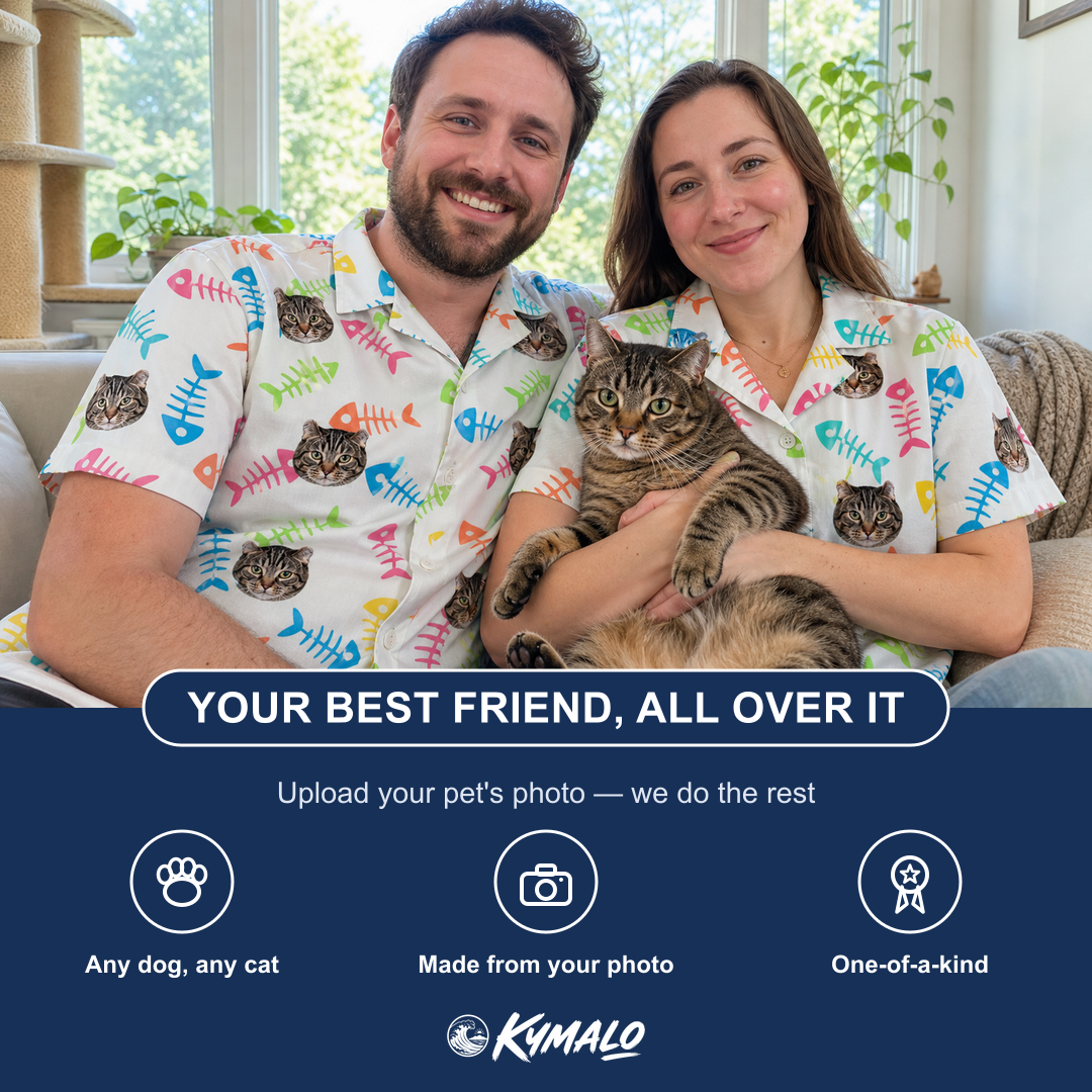 Friends in matching Women's Meow Marrow Custom Cat Face Hawaiian Shirt — a group gift photo