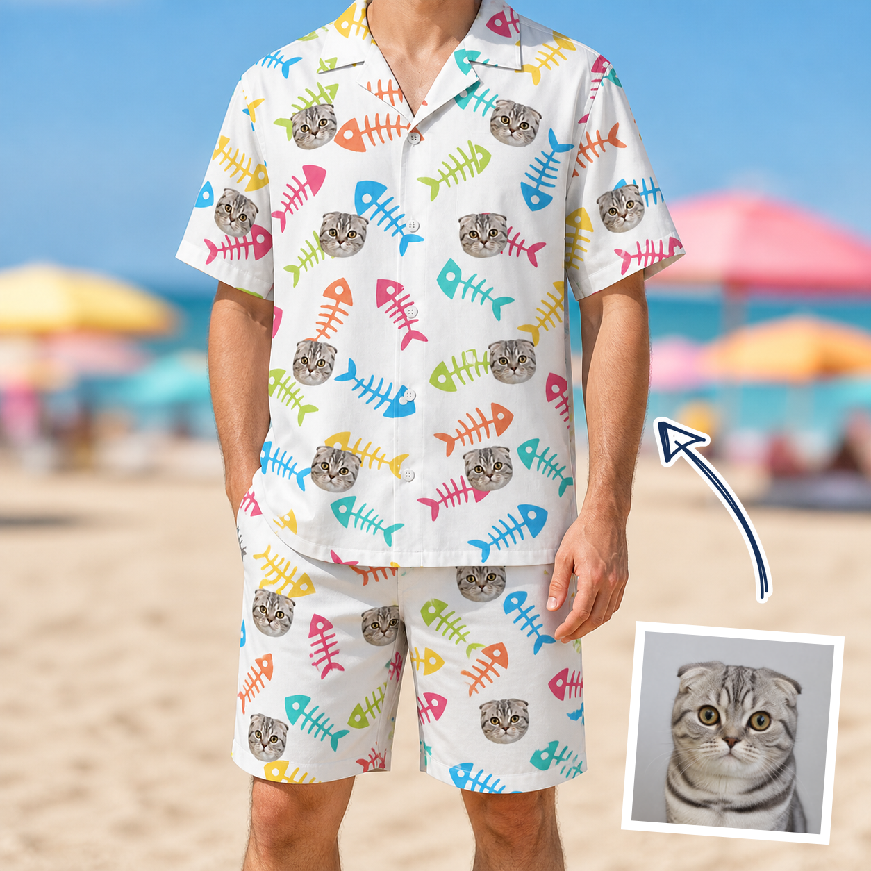 Man wearing Men's Meow Marrow Custom Cat Face Shirt & Shorts Set — custom faces printed all-over