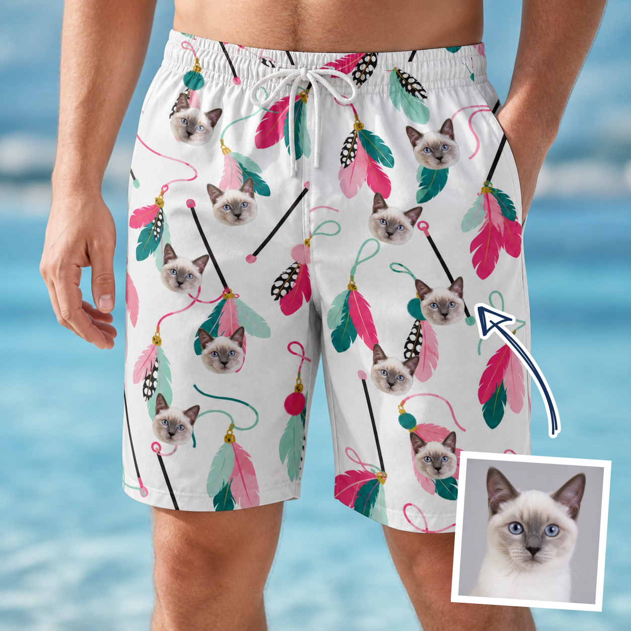 Man wearing Men's Teaser Tornado Custom Cat Face Beach Shorts — custom faces printed all-over