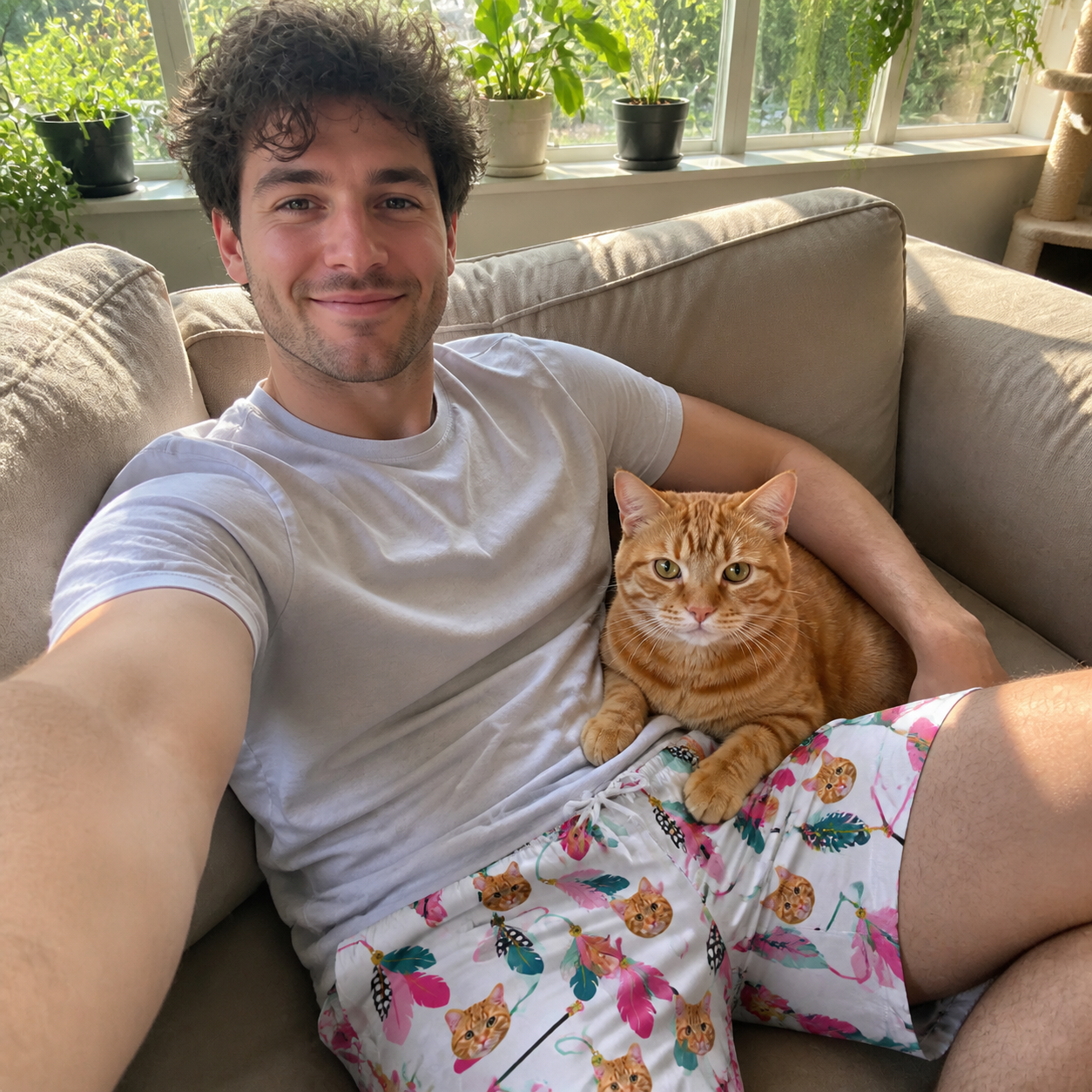 Selfie with the pet whose face is printed all over this Men's Teaser Tornado Custom Cat Face Beach Shorts