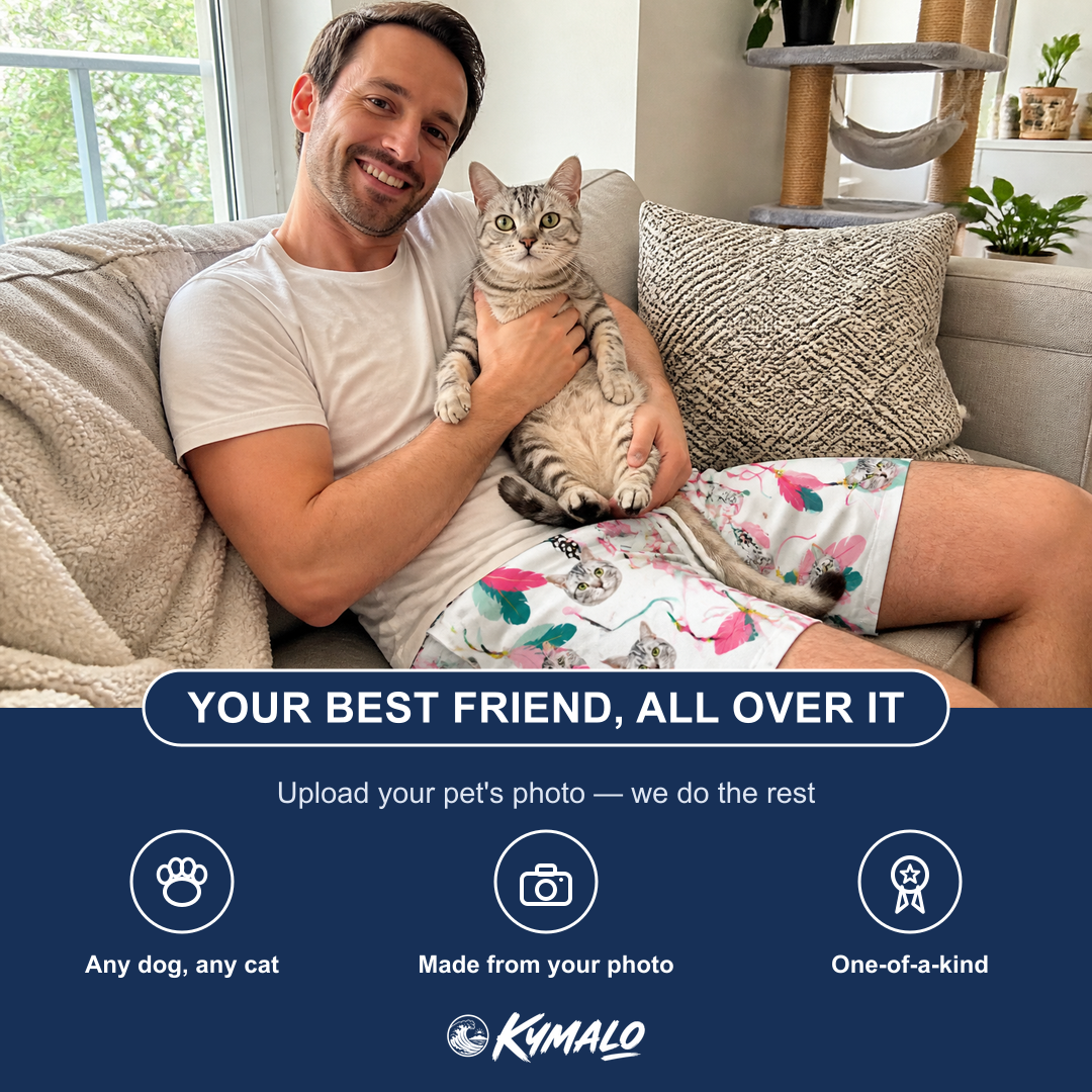 Friends in matching Men's Teaser Tornado Custom Cat Face Beach Shorts — a group gift photo