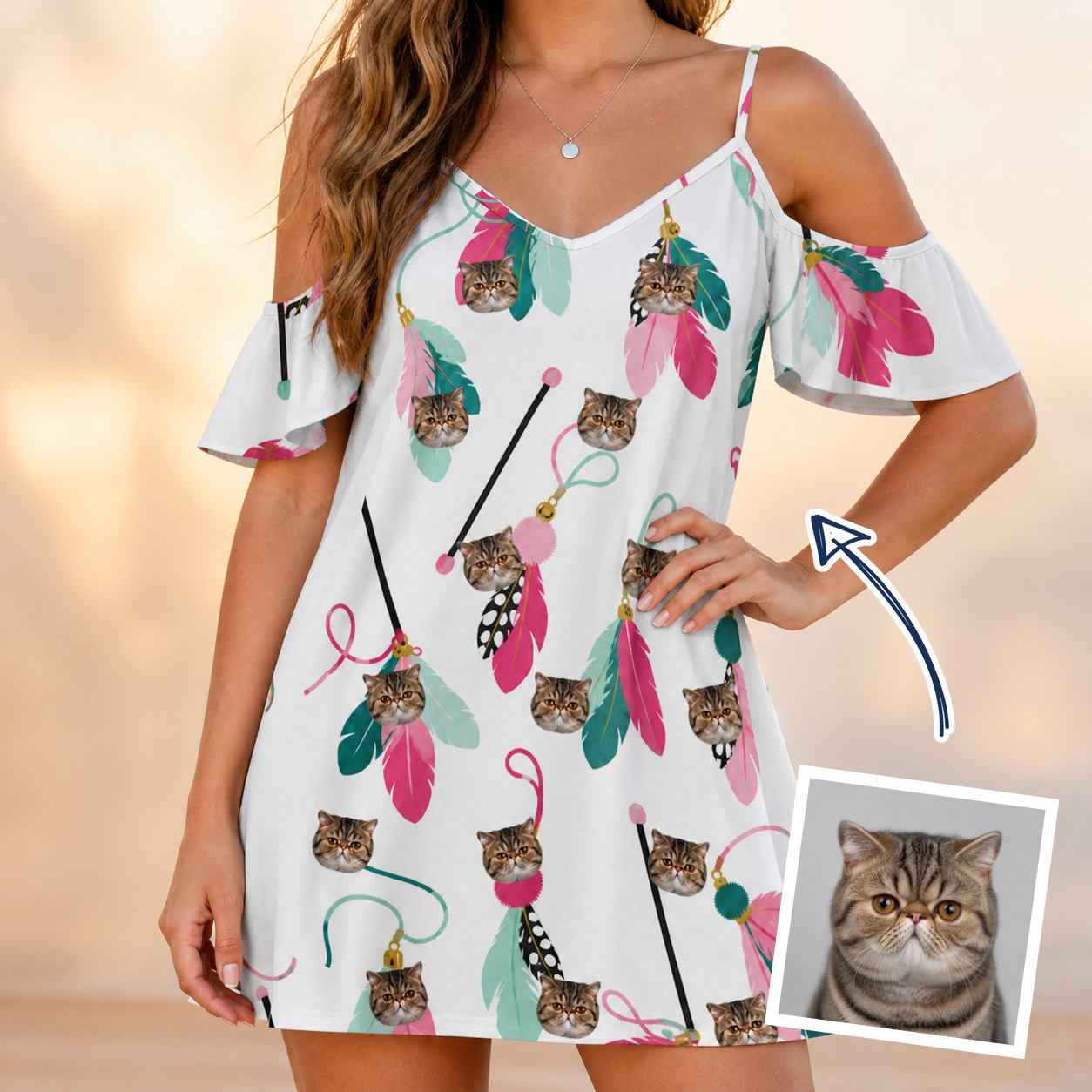 Woman wearing Women's Teaser Tornado Custom Cat Face Off-Shoulder Dress — custom faces printed all-over