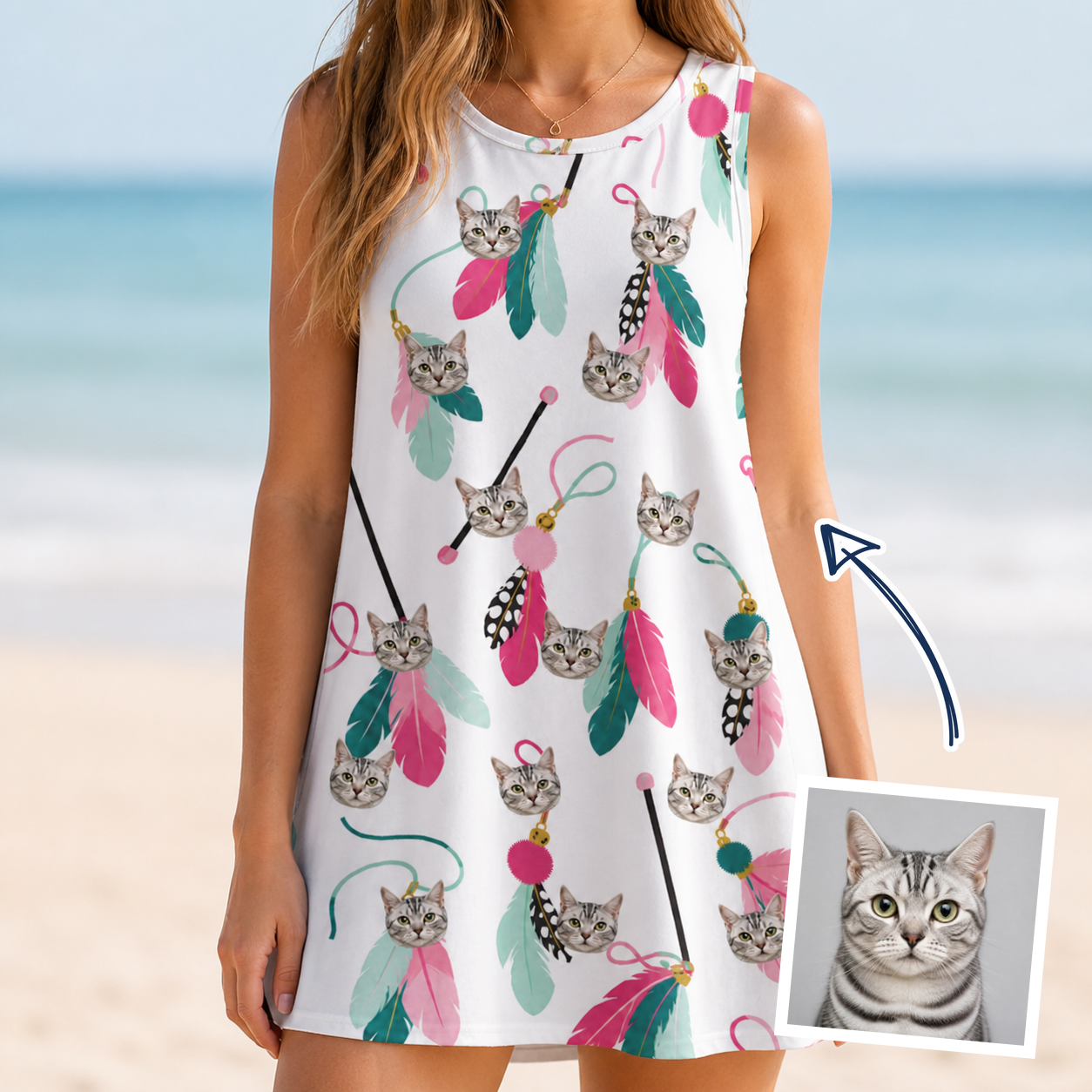 Woman wearing Women's Teaser Tornado Custom Cat Face Tank Dress — custom faces printed all-over