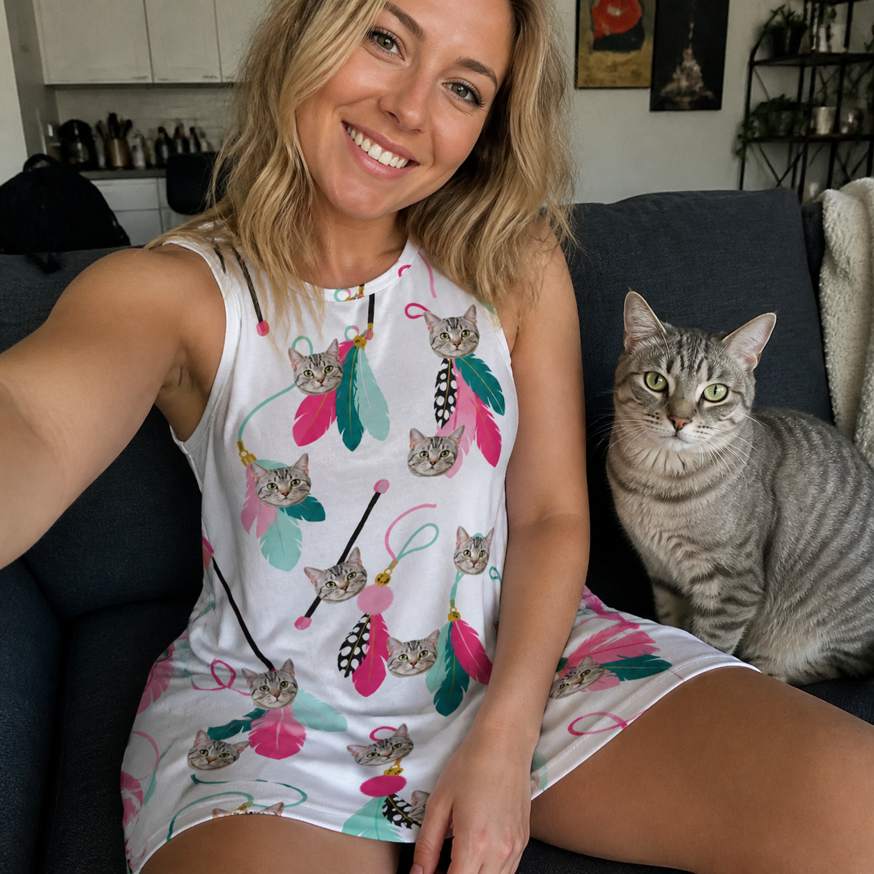 Selfie with the pet whose face is printed all over this Women's Teaser Tornado Custom Cat Face Tank Dress