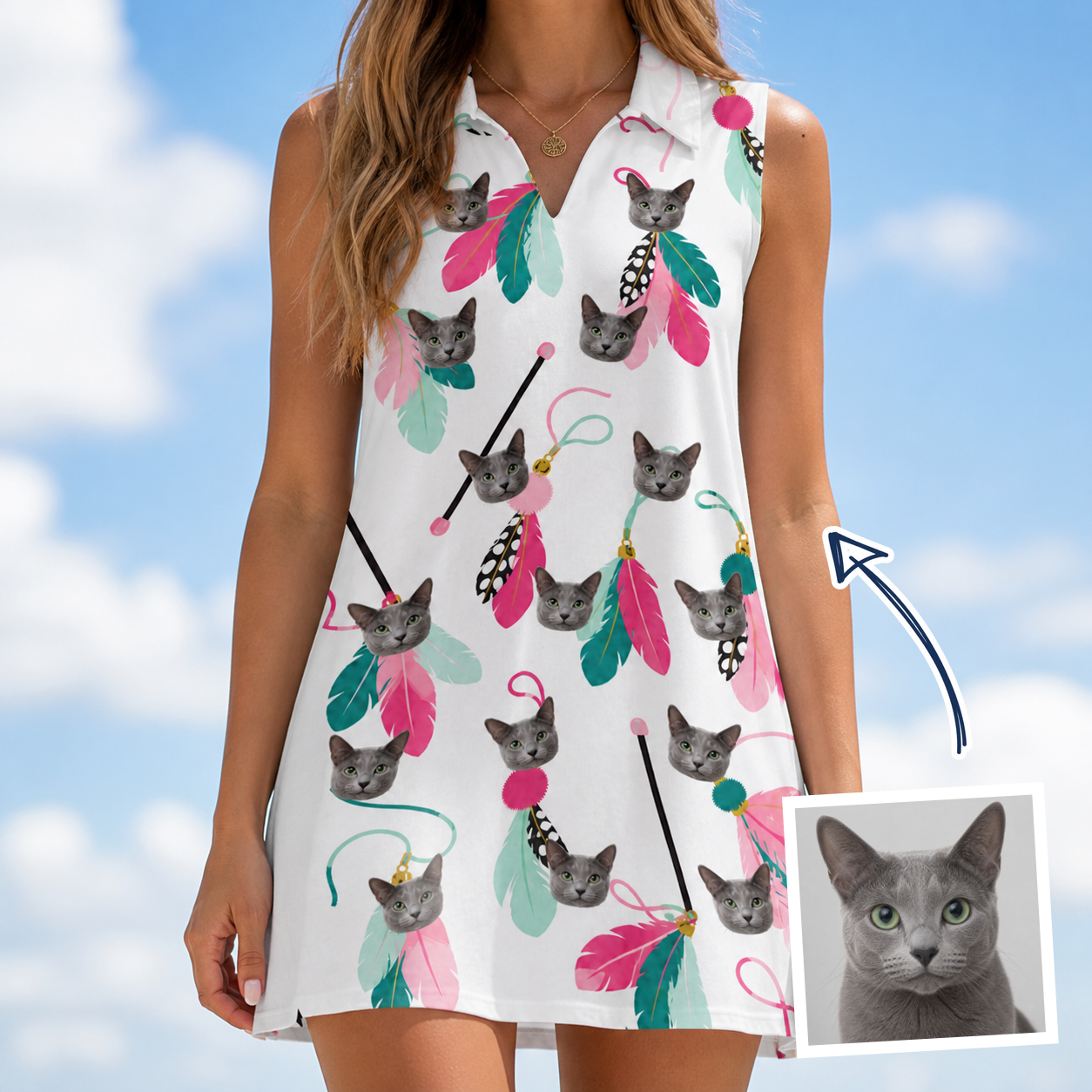 Woman wearing Women's Teaser Tornado Custom Cat Face V-Neck Dress — custom faces printed all-over