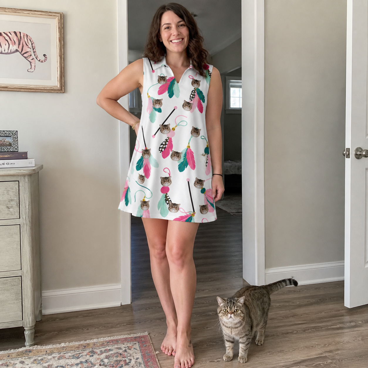 Full-length photo with the pet printed all over this Women's Teaser Tornado Custom Cat Face V-Neck Dress